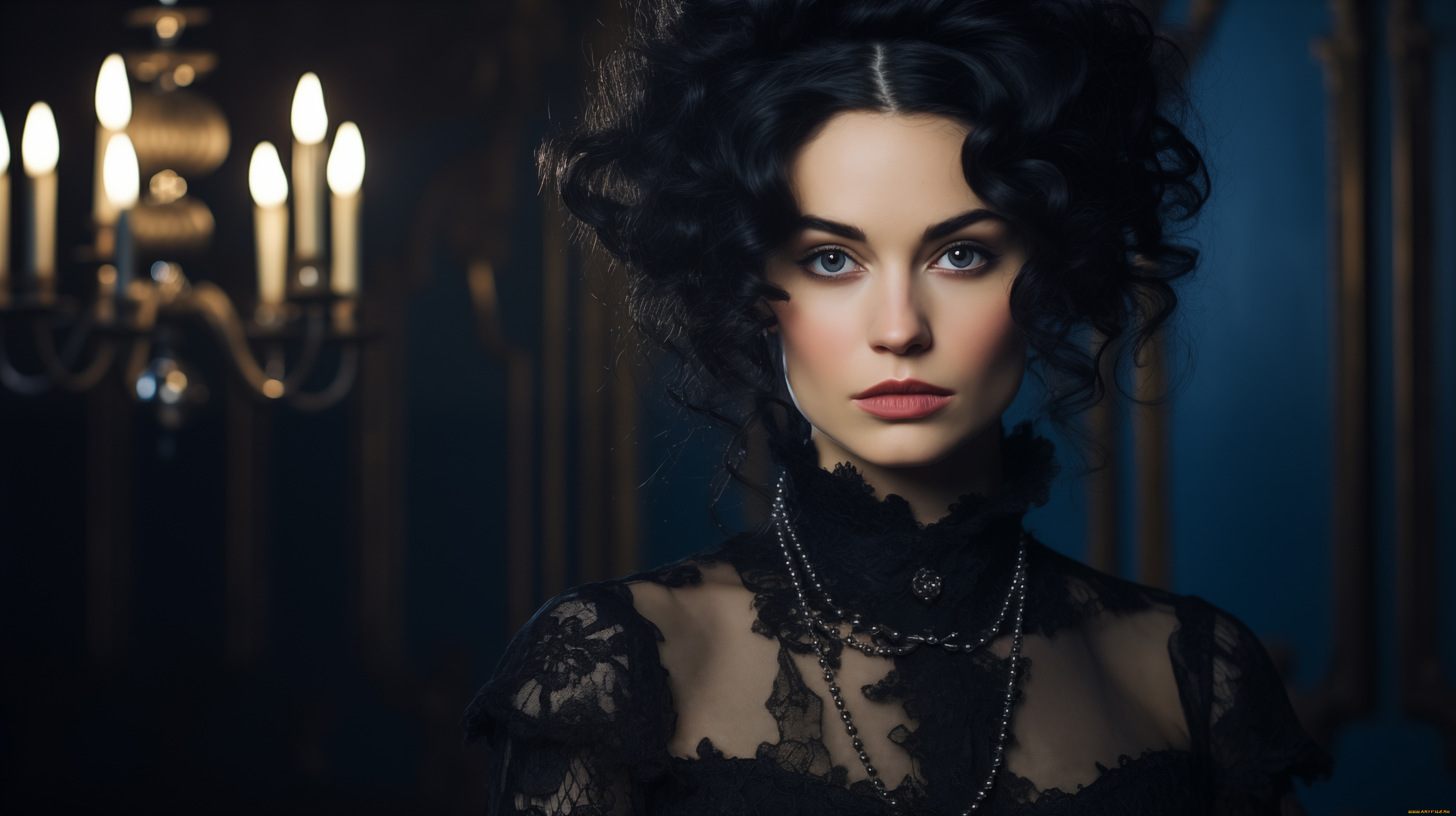 разное, компьютерный, дизайн, искусственный, интеллект, цифровое, искусство, портрет, женщины, крупный, план, темный, викторианская, одежда, темные, волосы, свечи, лицо