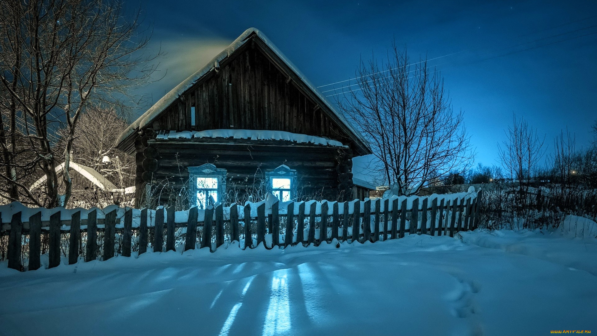 города, -, здания, , дома, деревня, дома, свет, зима, снег, деревья, следы, забор