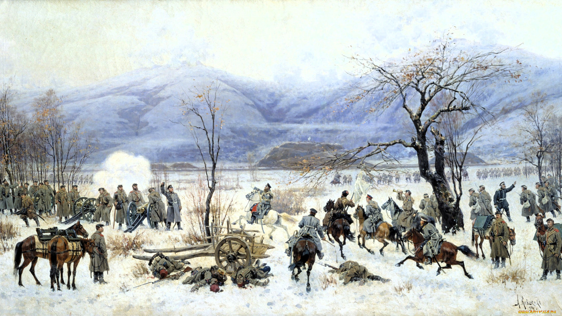 кившенко, алексей, -, сражение, у, шипки, рисованное, алексей, кившенко, горы, снег, зима, люди, войско, пушки