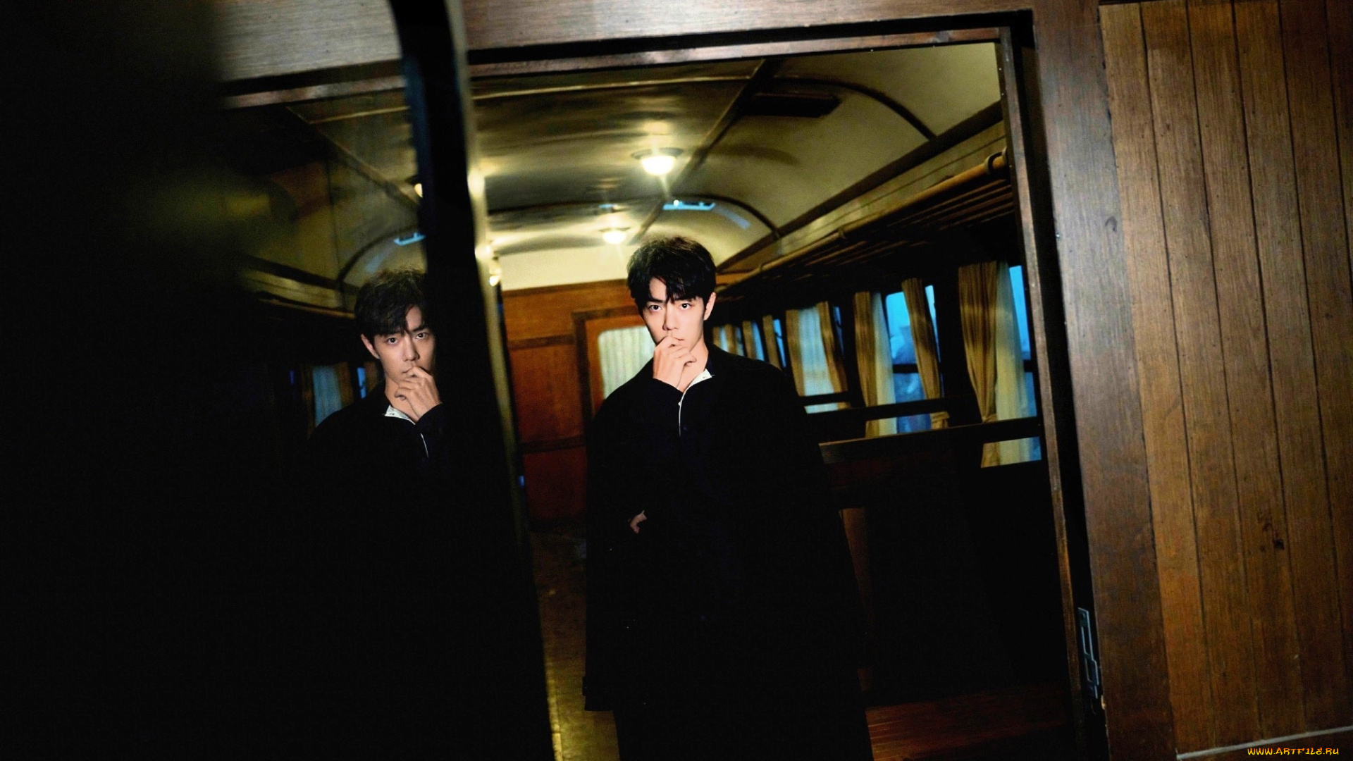 мужчины, xiao, zhan, актер, пиджак, вагон, зеркало