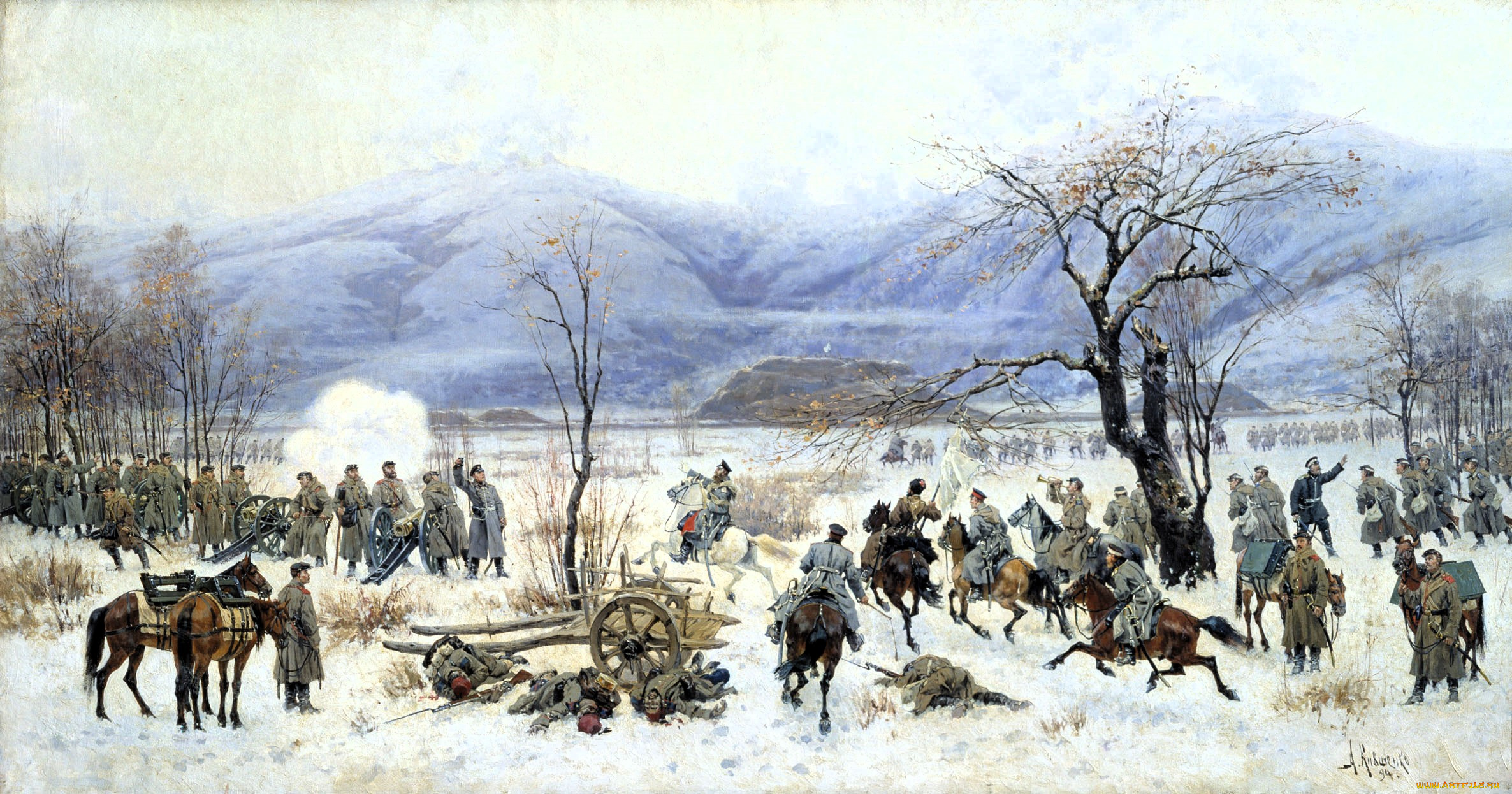 кившенко, алексей, -, сражение, у, шипки, рисованное, алексей, кившенко, горы, снег, зима, люди, войско, пушки