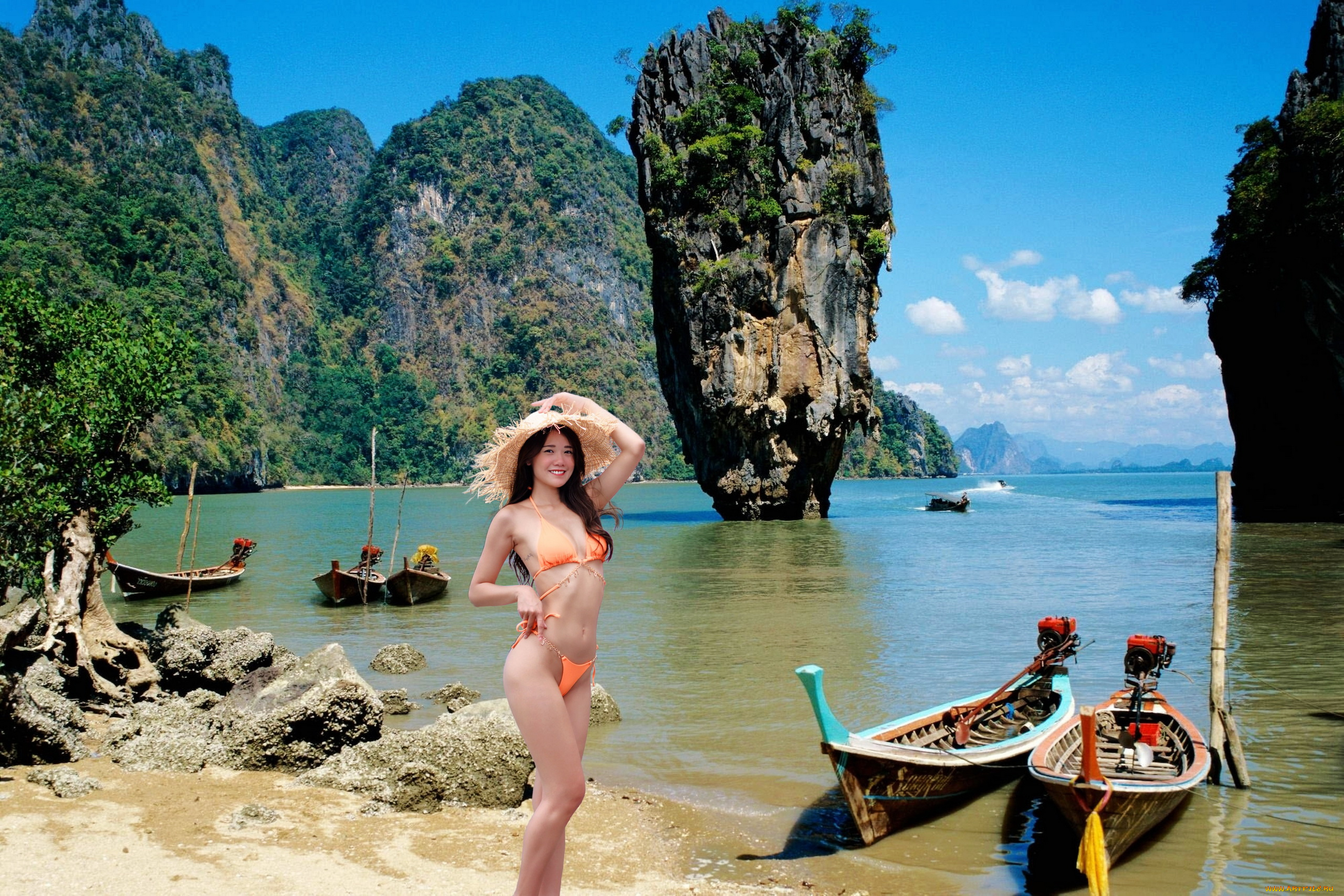 девушки, cynthia, ming, азиатка, поза, бикини, тату, улыбка, шляпа