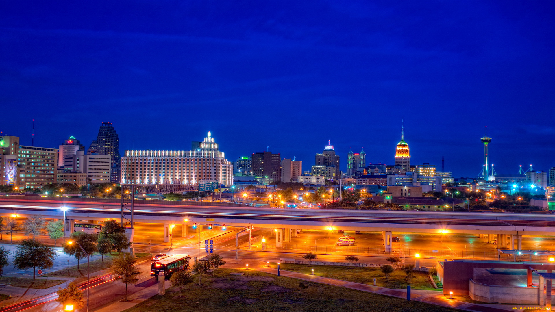 города, огни, ночного, дома, san, antonio, texas