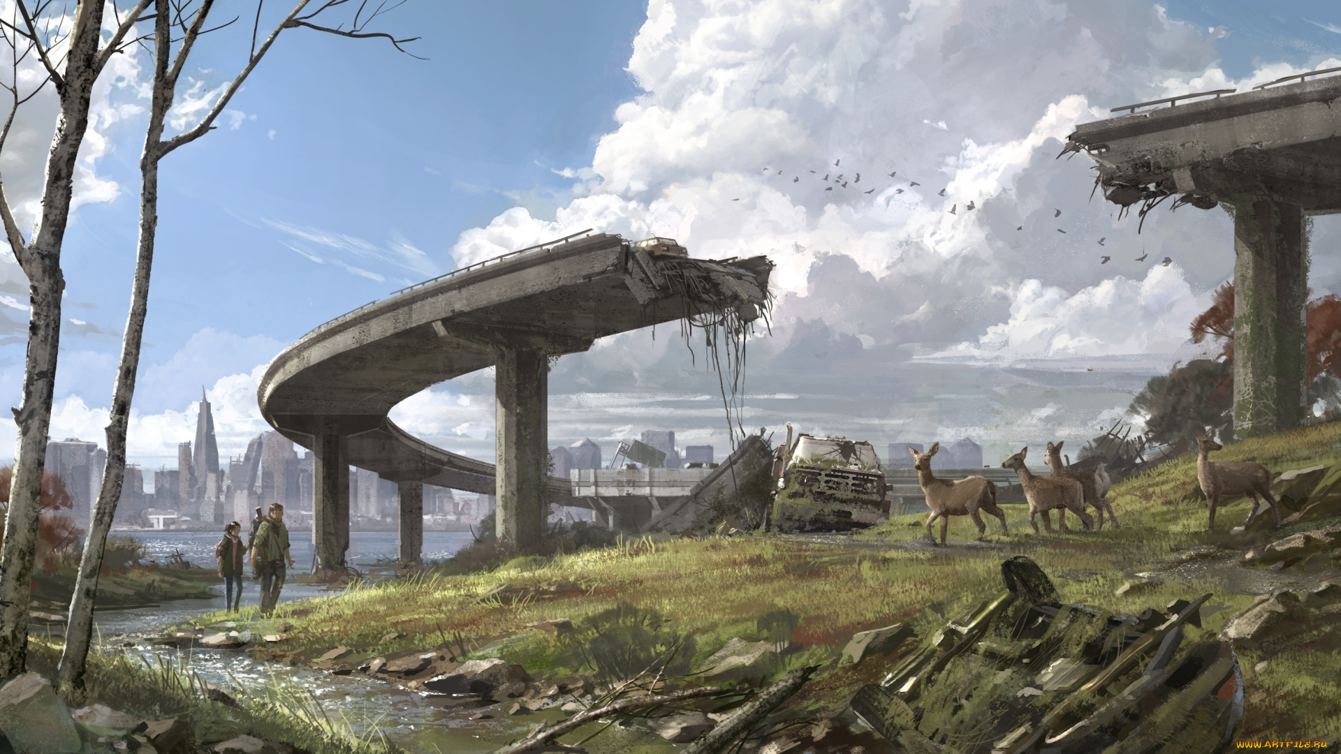видео, игры, the, last, of, us, город, руины, животные, мост, элли, джоэл