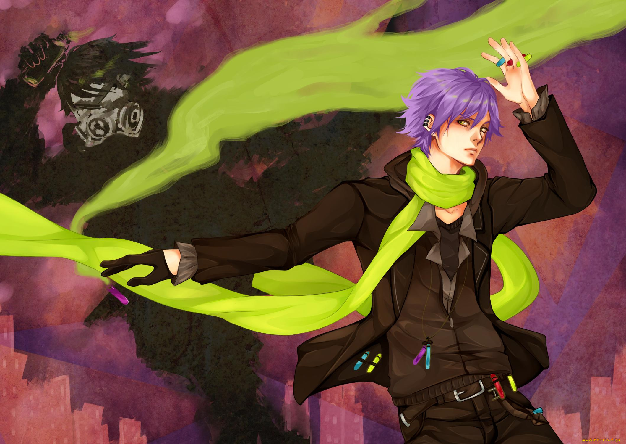 аниме, *unknown, другое, шарф, жёлтые, глаза, фиолетовые, волосы, пояс, активист, мужчина, противогаз