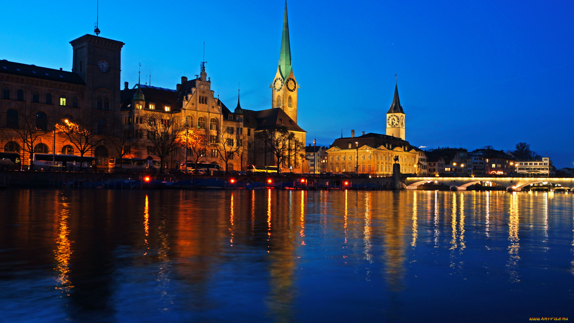 города, цюрих, швейцария, ночь, огни