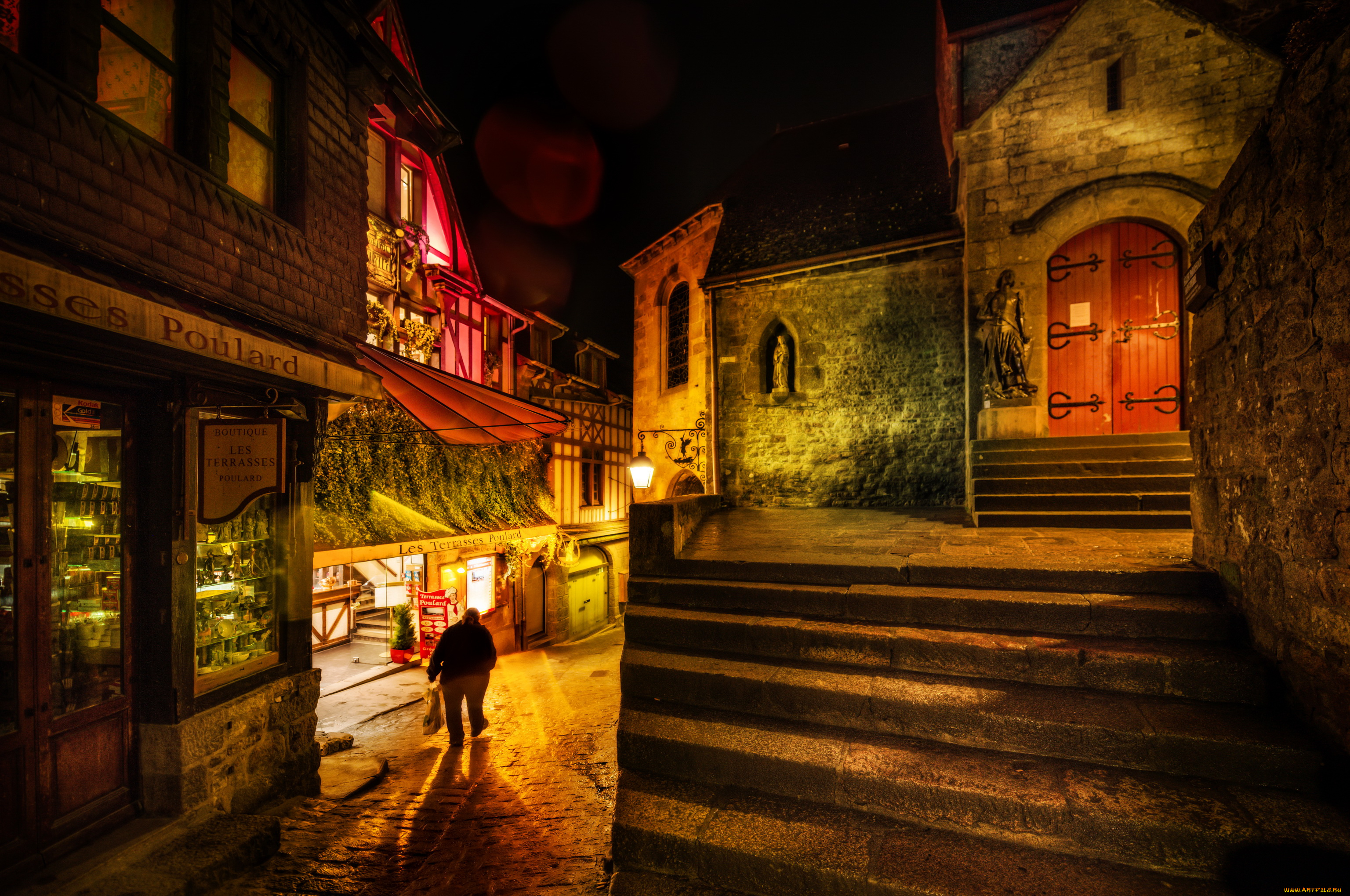 france, mont, saint, michel, города, крепость, мон, сен, мишель, франция, остров, дома, улица, ночь, огни