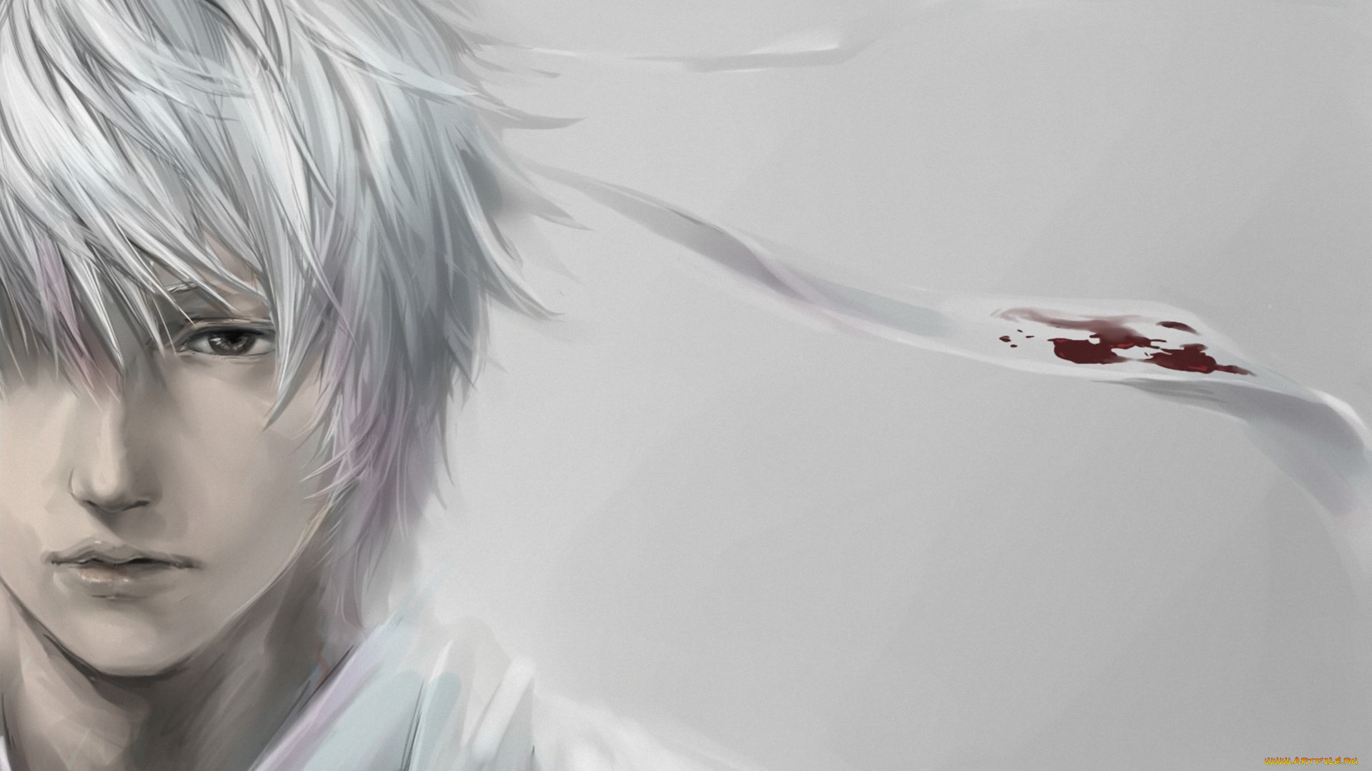 аниме, -weapon, , blood, &, technology, грусть, лицо, парень, лента, белые, волосы, юката, кровь, белый, фон