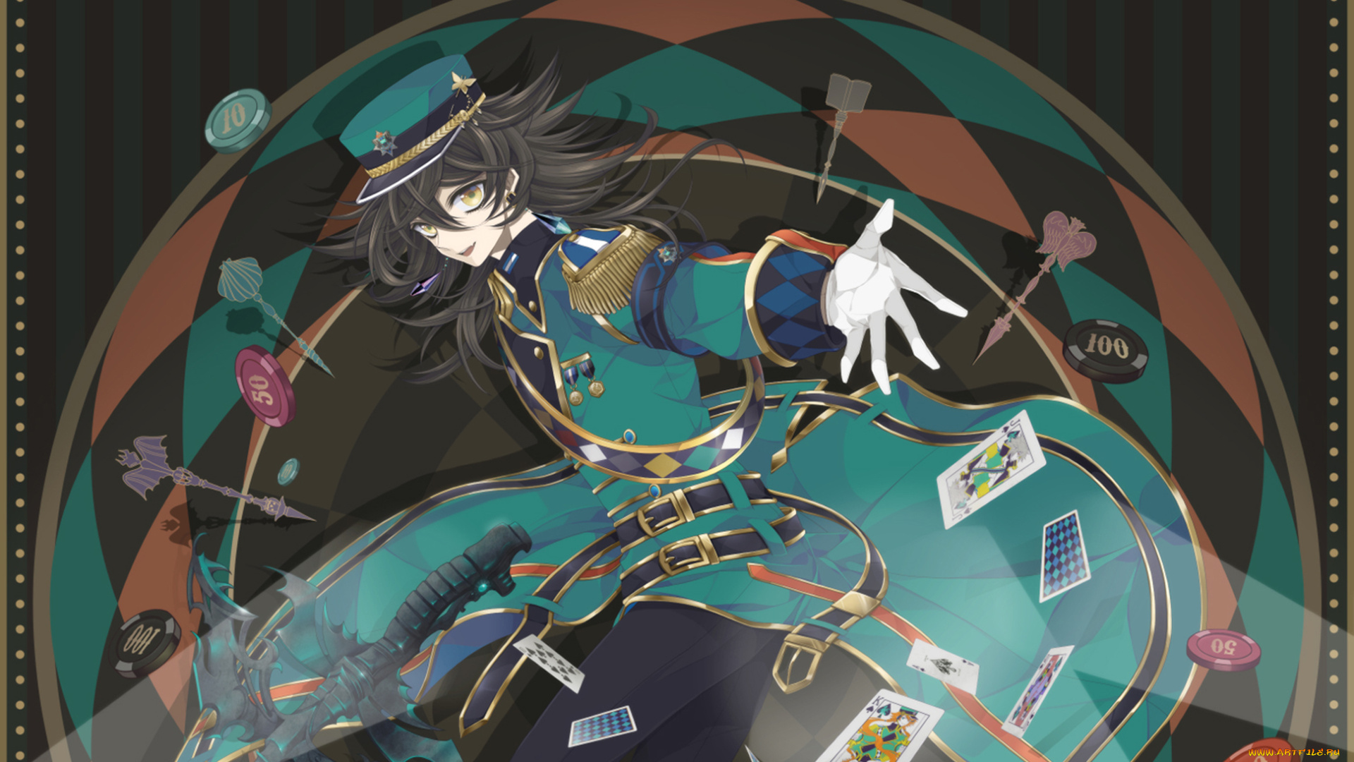 аниме, -weapon, , blood, &, technology, карты, форма, фишки, дартс, парень, арбалет, шляпа