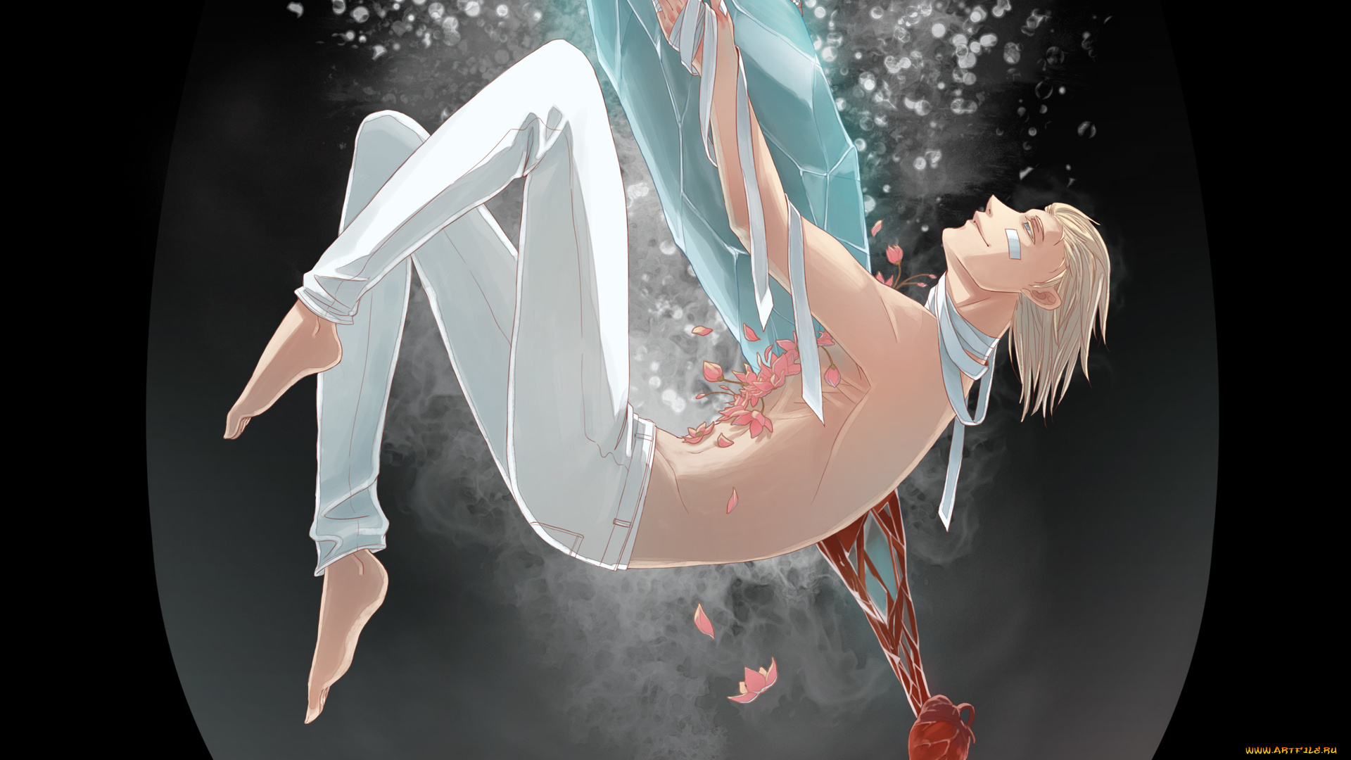 аниме, -weapon, , blood, &, technology, кровь, сердце, лед, пузырьки, блондин, улыбка, бинты, парень