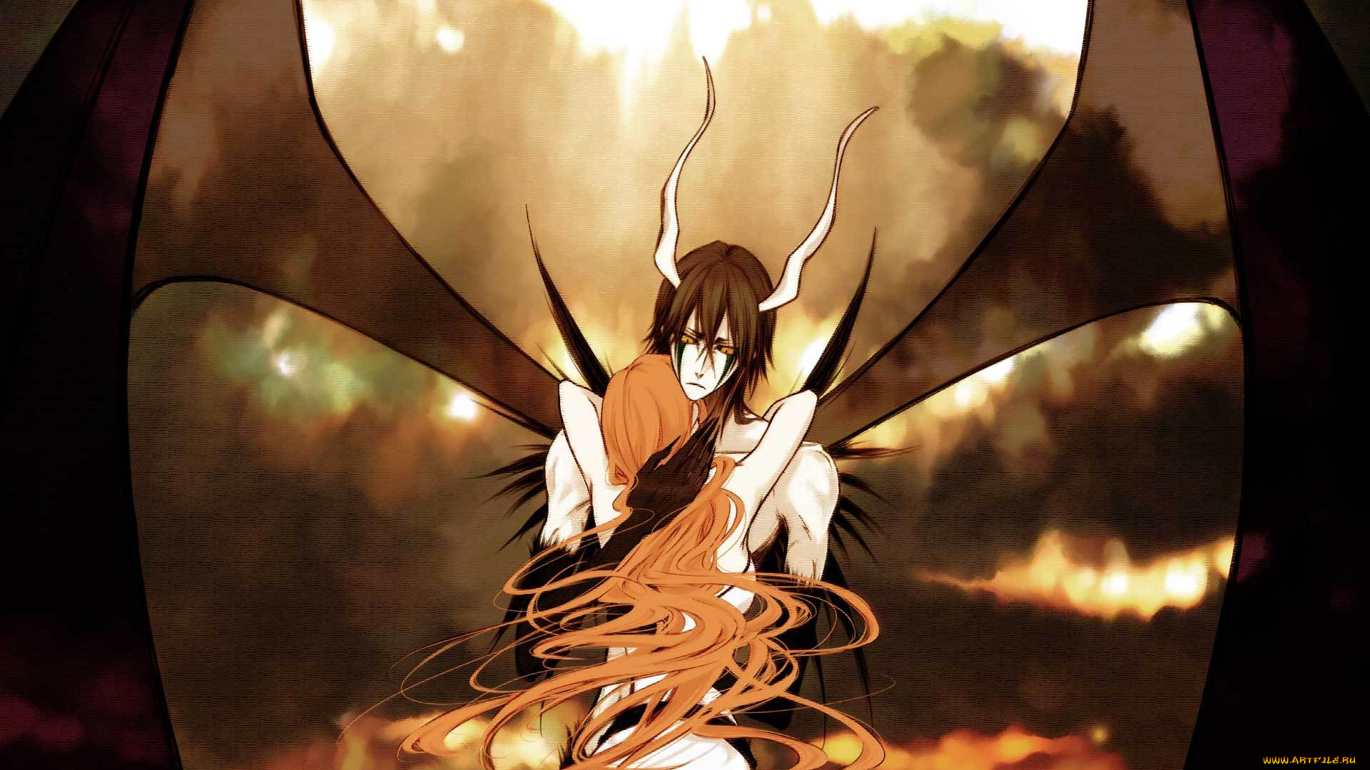 аниме, bleach, блич, улькиорра, орихиме, обьятия, крылья, арт, аранкар, волосы, парень, девушка, закат, облака