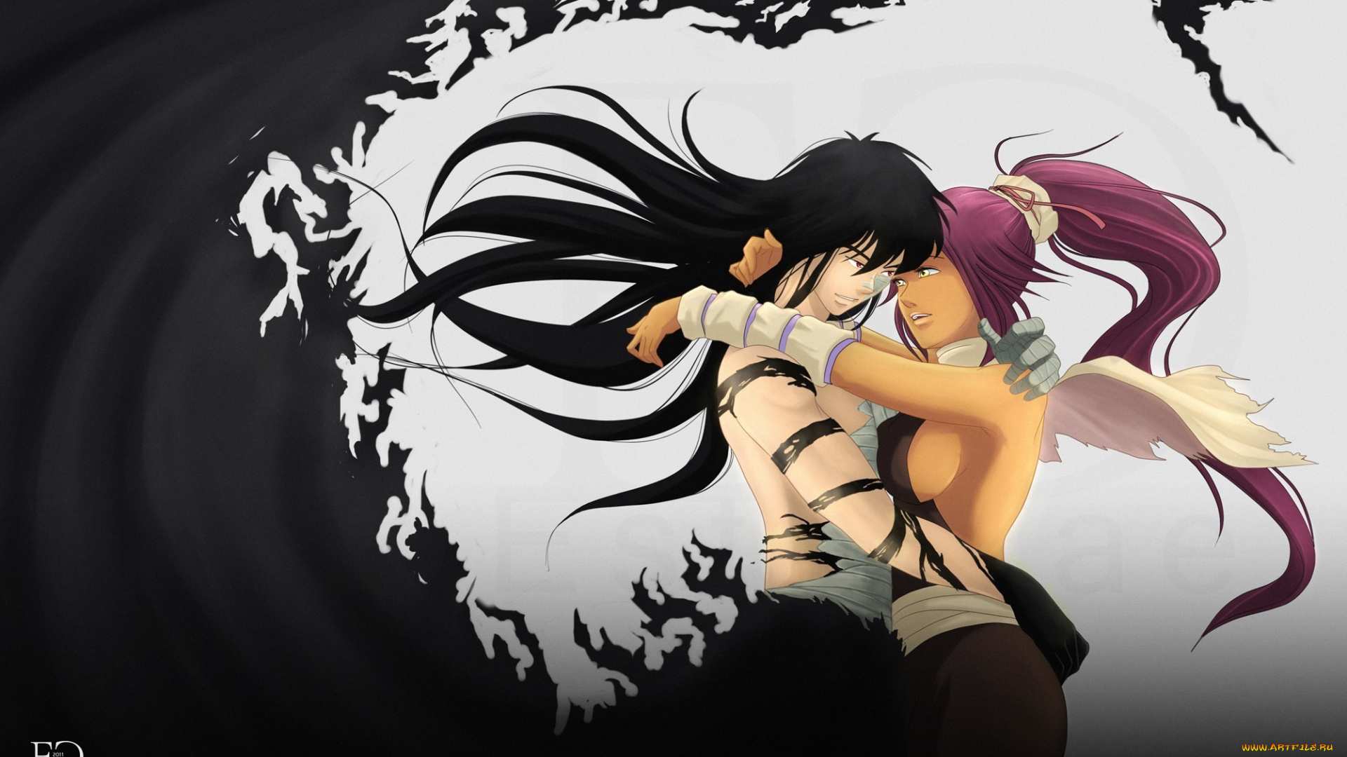 аниме, bleach, ичиго, блич, волосы, бело-чёрный, фон, парень, девушка, объятия, куросаки, ёруичи