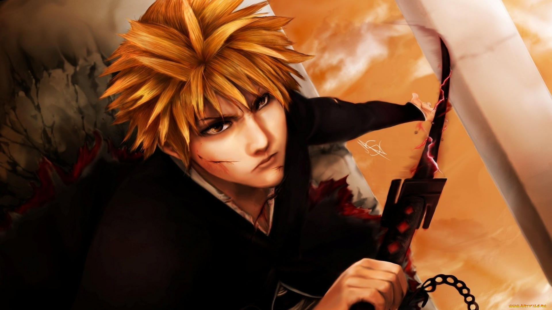 аниме, bleach, рыжий, парень, занпакто, меч, банкай, шинигами, ичиго, арт, блич, куросаки
