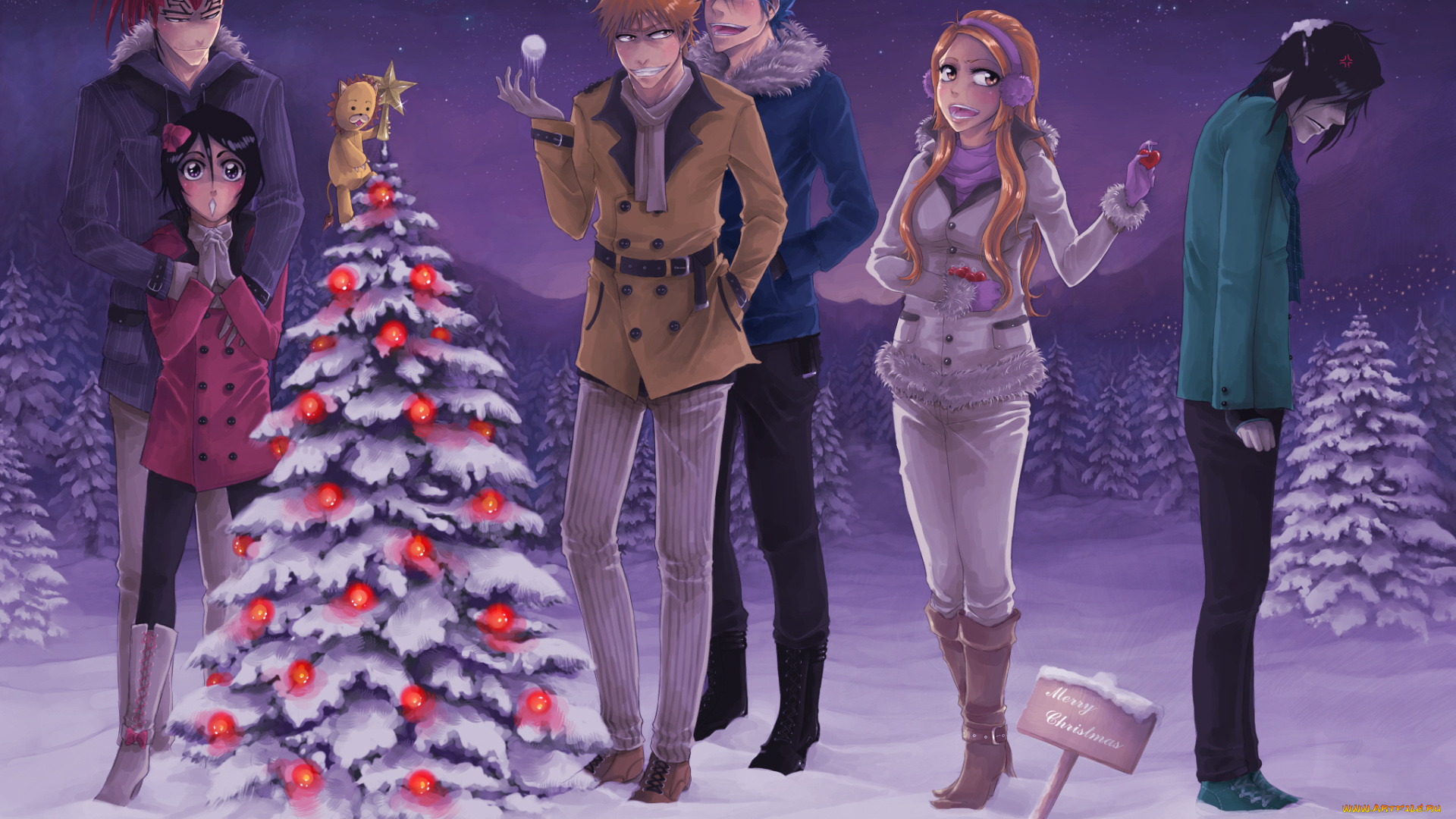 аниме, bleach, шарики, звёзды, гримджоу, новый, год, снег, зима, снежки, игрушка, орихиме, ичиго, рукия, ренджи, ночь, ёлка, блич, парни, девушки