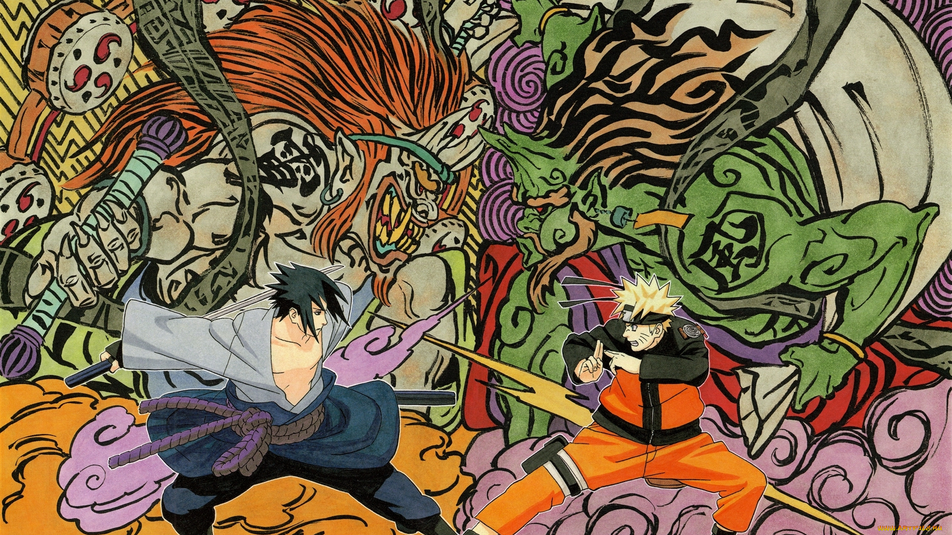 аниме, naruto, наруто, саске, монстры, рисунки, бой, печать, катана, молния