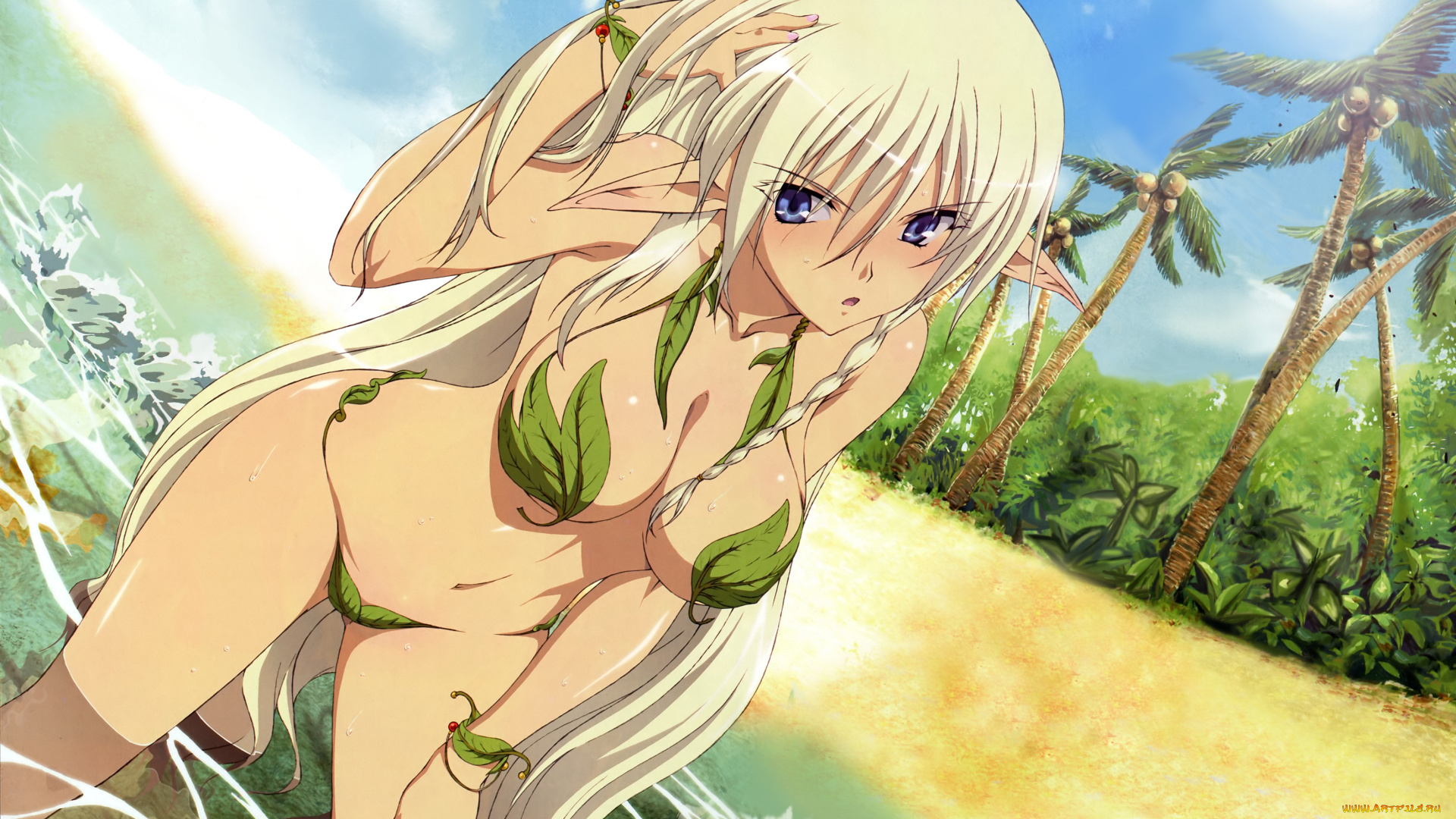 аниме, queen`s, blade, море, эльф, уши, девушка, солнце, пальмы, листья, купальник, пляж