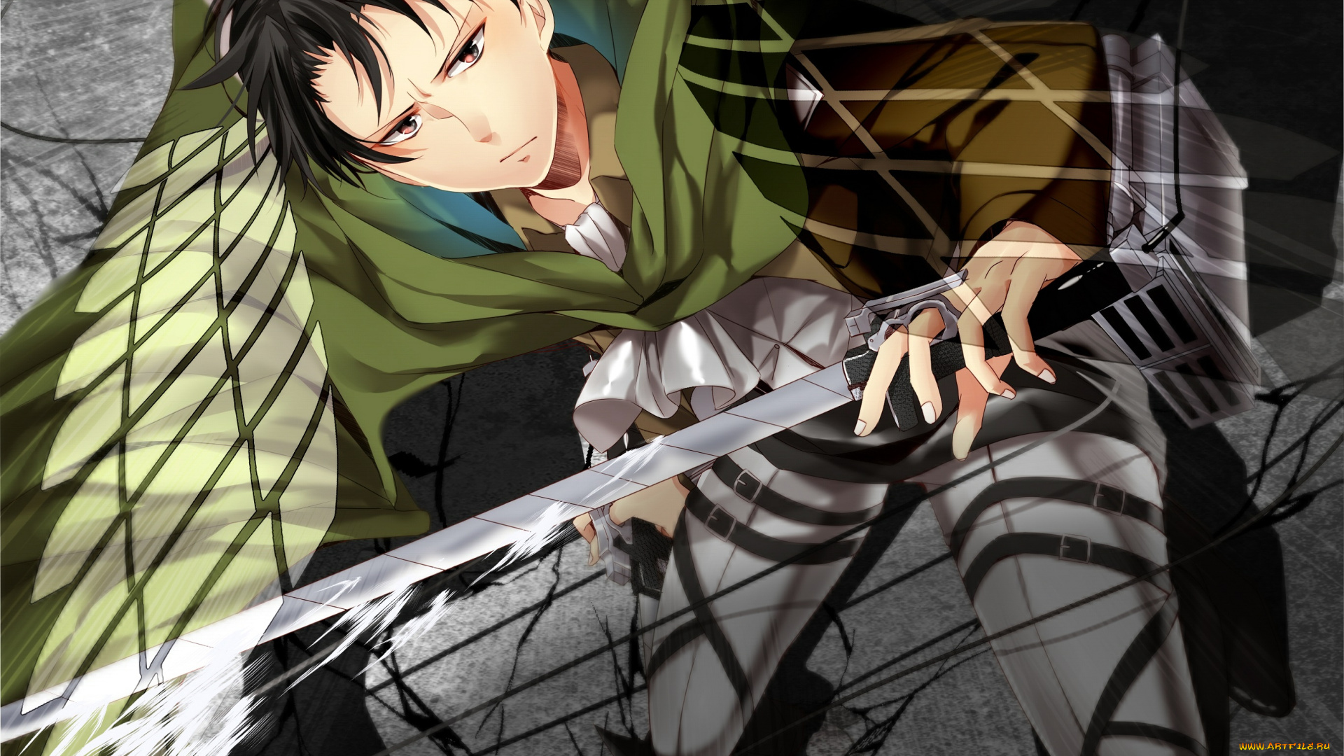 аниме, shingeki, no, kyojin, shingeki, no, kyojin, символ, солдат, полет, клинки, жест, плащ, rivaille, парень, art, удивление, взгляд