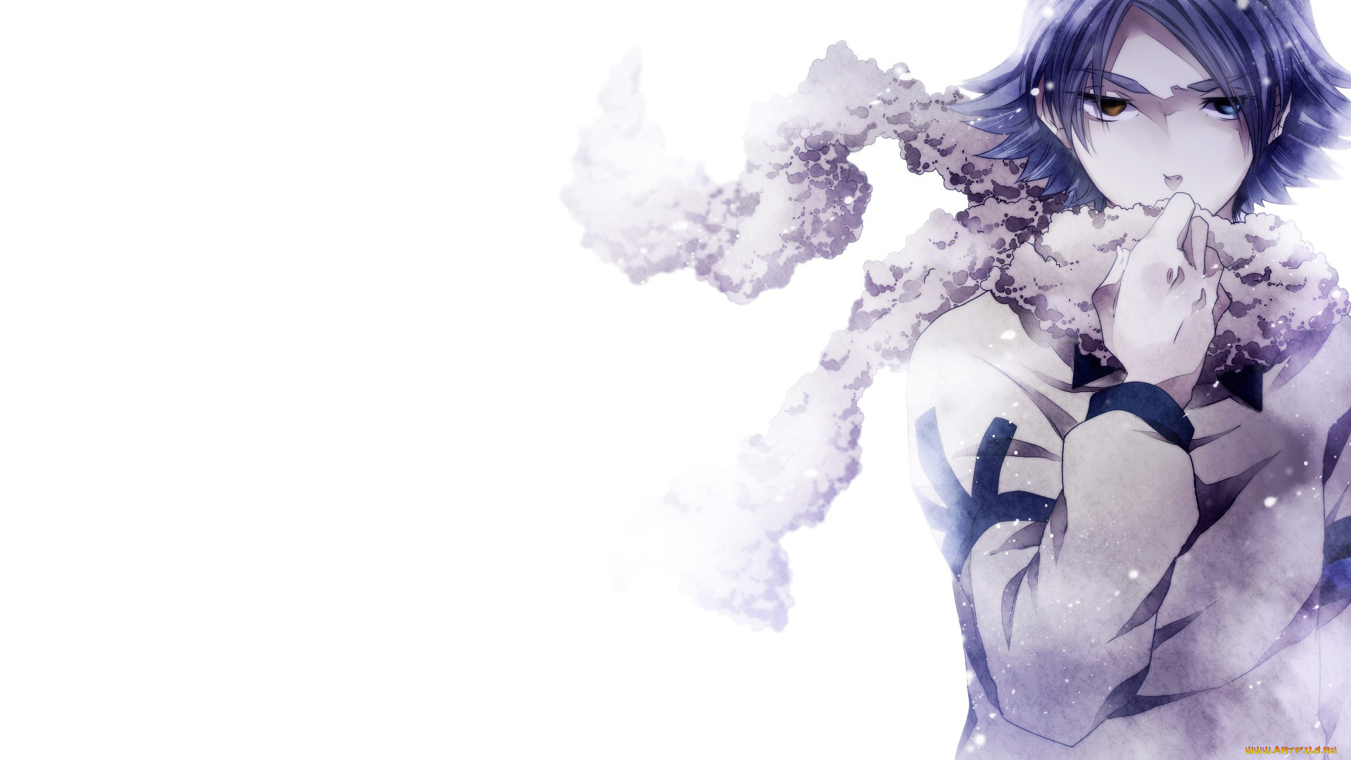 аниме, *unknown, , другое, белый, фон, снег, взгляд, рука, шарф, парень