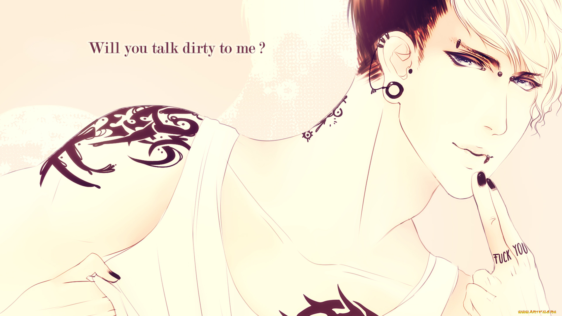 аниме, *unknown, , другое, майка, тату, серьги, чёлка, взгляд, парень