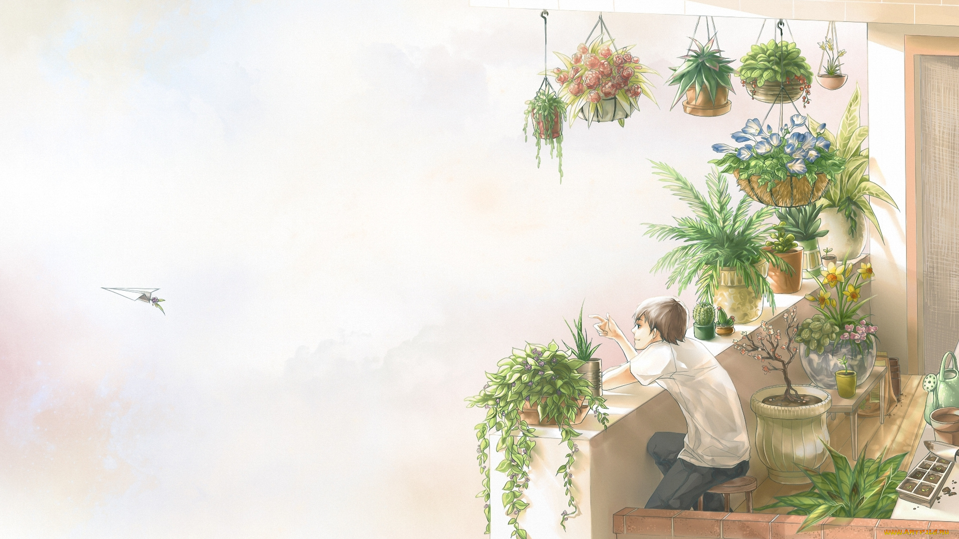 аниме, *unknown, , другое, самолётик, цветок, улыбка, плющ, нарциссы, бонсай, балкон, цветы, парень
