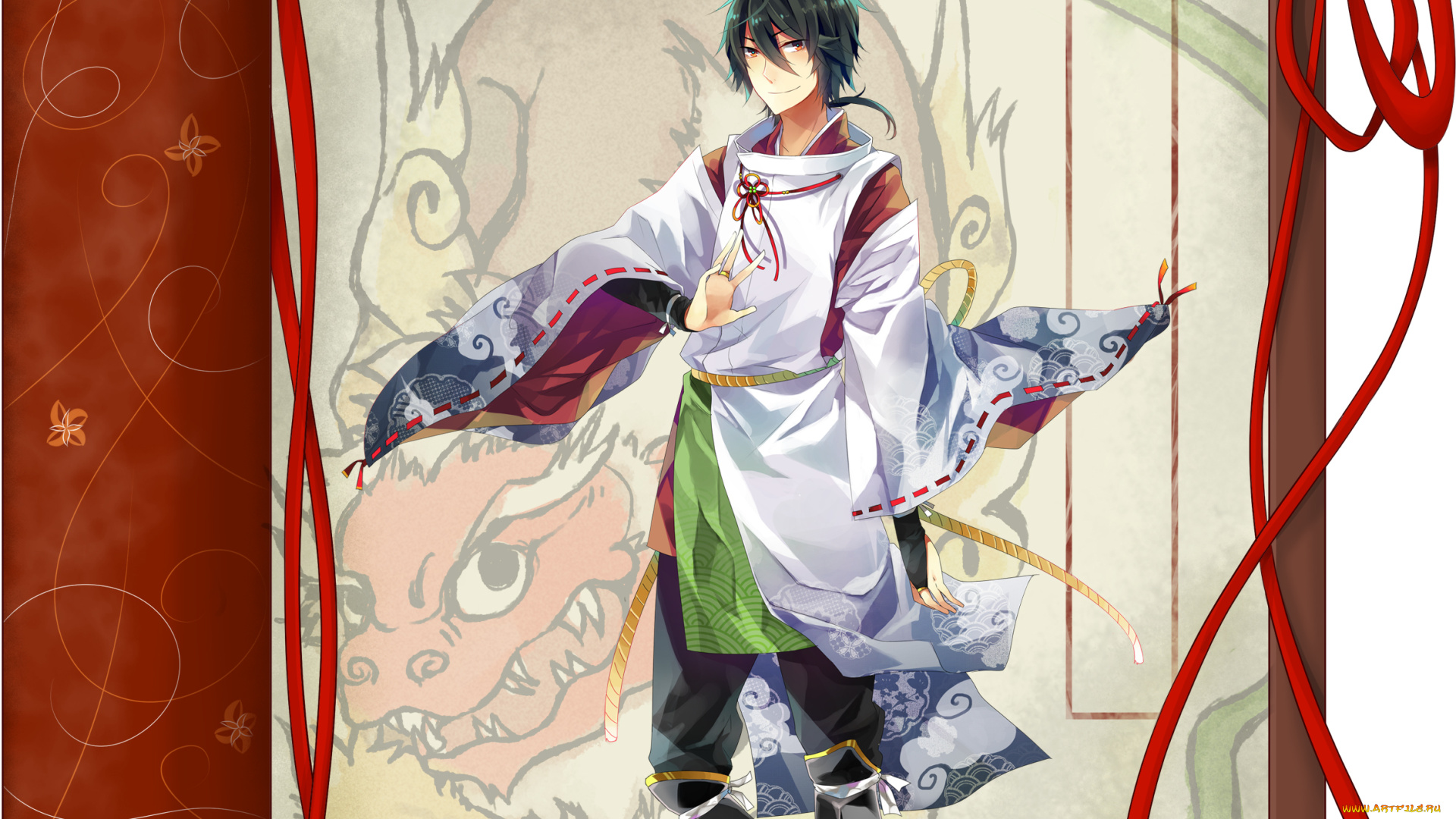 аниме, *unknown, , другое, улыбка, свиток, парень, дракон, ленты, рисунки, взгляд