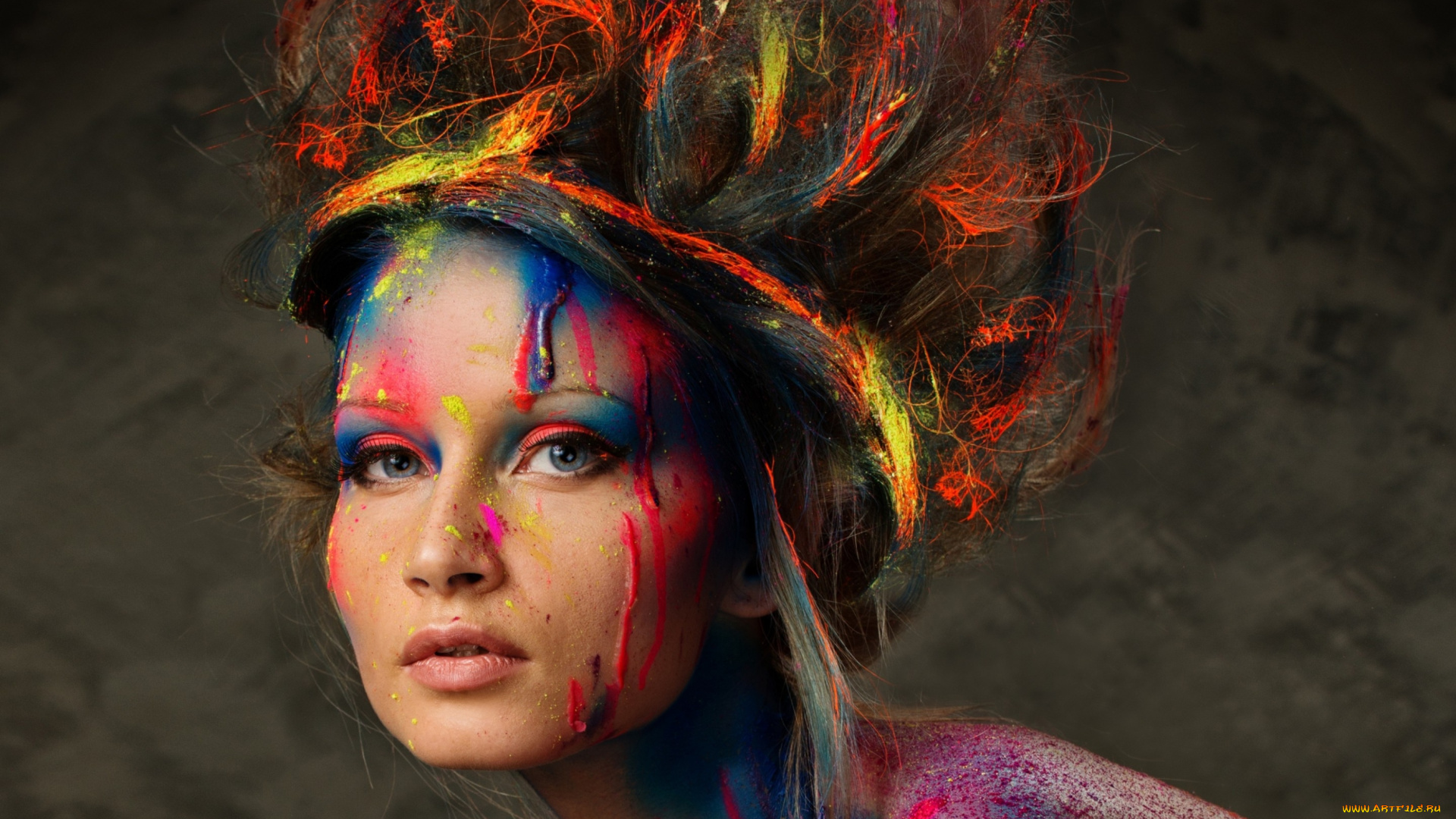 девушки, -unsort, , креатив, голубоглазая, взгляд, краски, девушка, шатенка