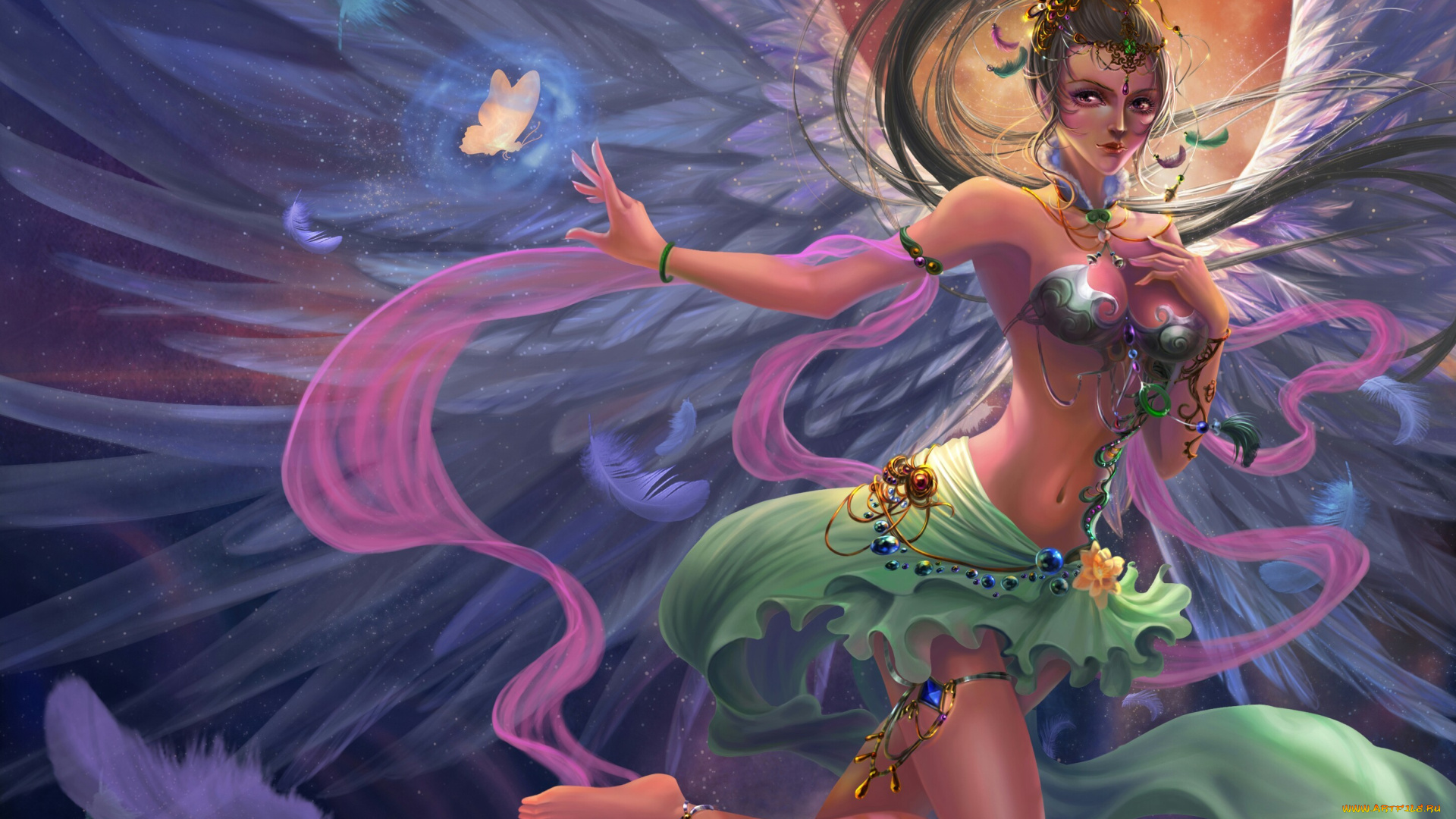 фэнтези, ангелы, angel, ангел, девушка, ткани, украшения, закат, перья, бабочка, крылья