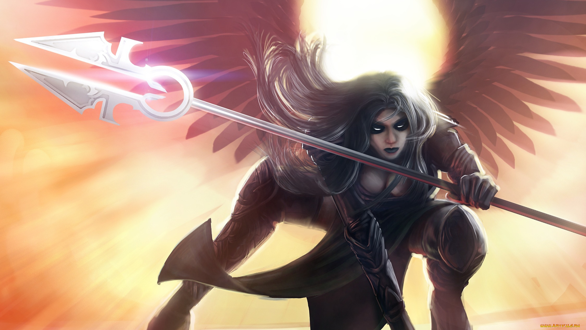 фэнтези, ангелы, солнце, девушка, поза, крылья, ангел, копье