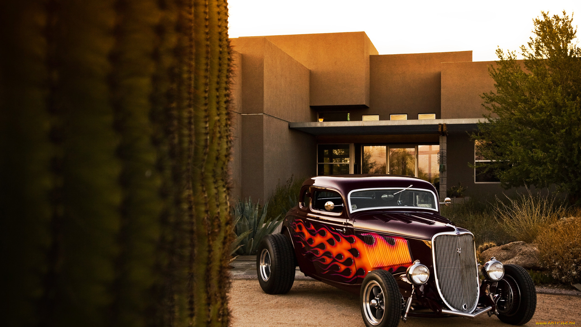 ford, coupe, 1933, hot-rod, автомобили, hotrod, dragster, хот-род, дом, кактус, 1933, пустыня, hot-rod, coupe, ford, форд, купе, огонь, пламя