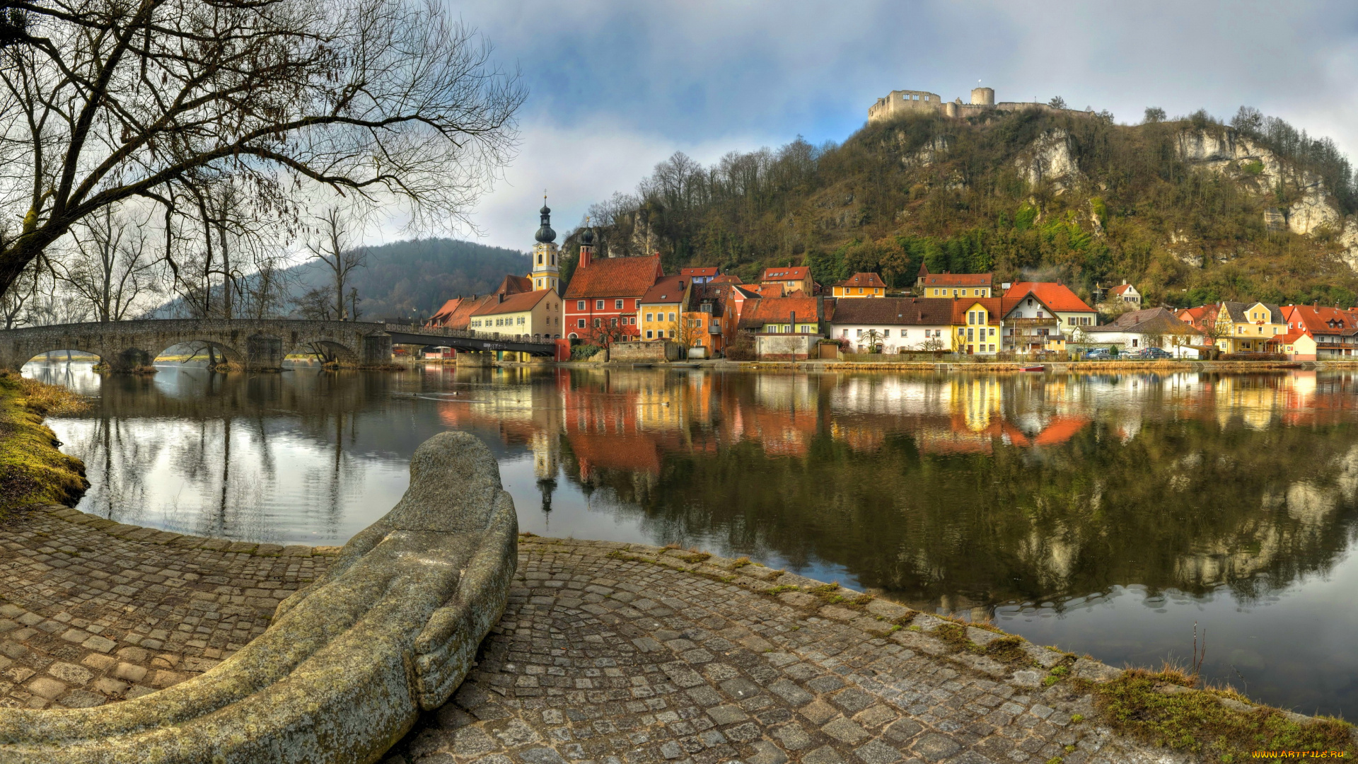 германия, калльмюнц, города, -, улицы, , площади, , набережные, калльмюнц, бавария, германия, мост, дома, пейзаж, замок, река