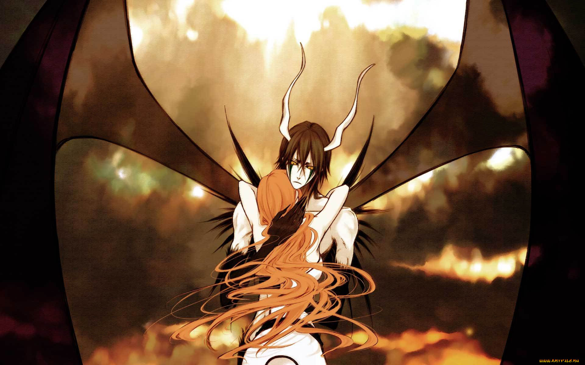 аниме, bleach, блич, улькиорра, орихиме, обьятия, крылья, арт, аранкар, волосы, парень, девушка, закат, облака