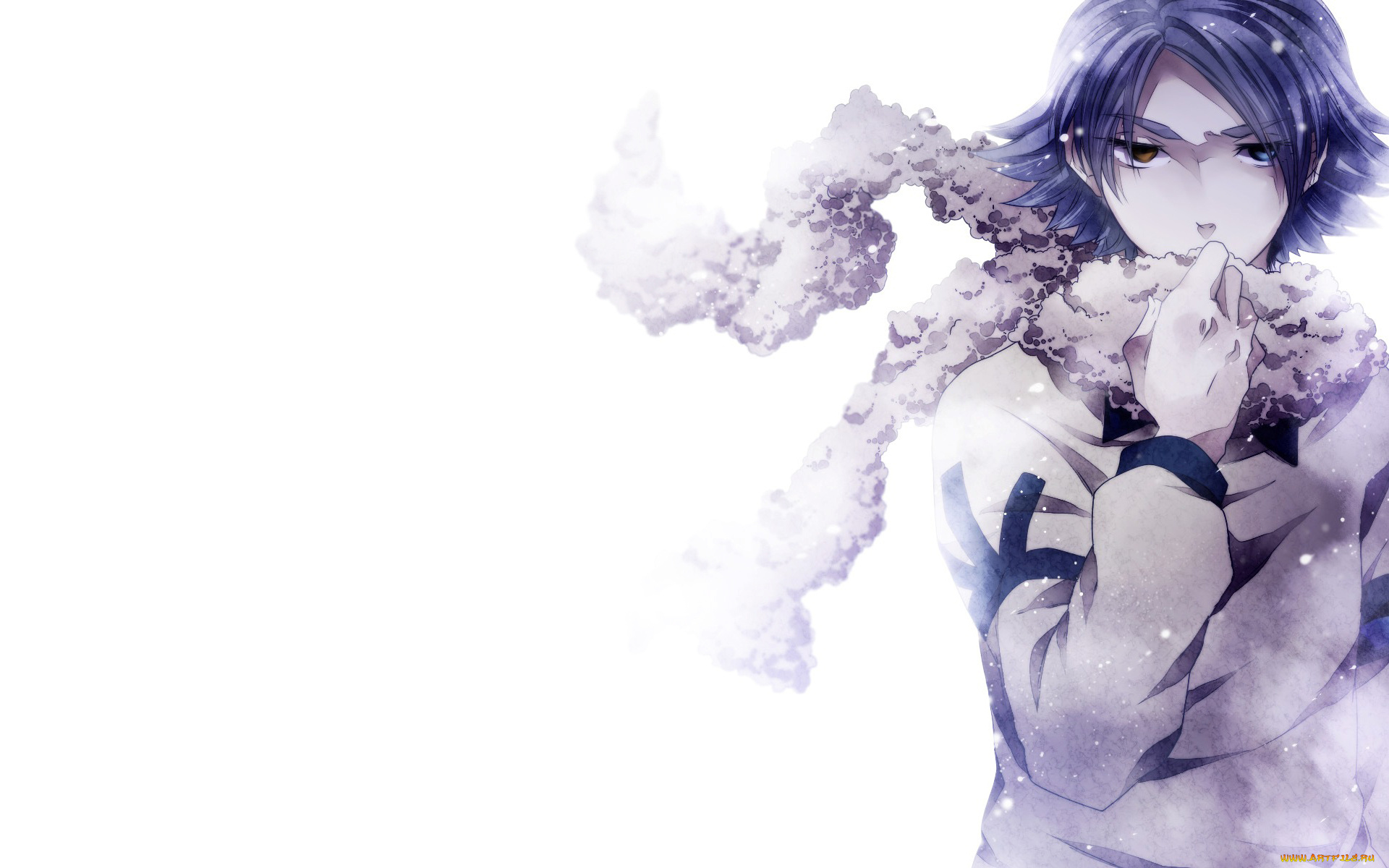 аниме, *unknown, , другое, белый, фон, снег, взгляд, рука, шарф, парень