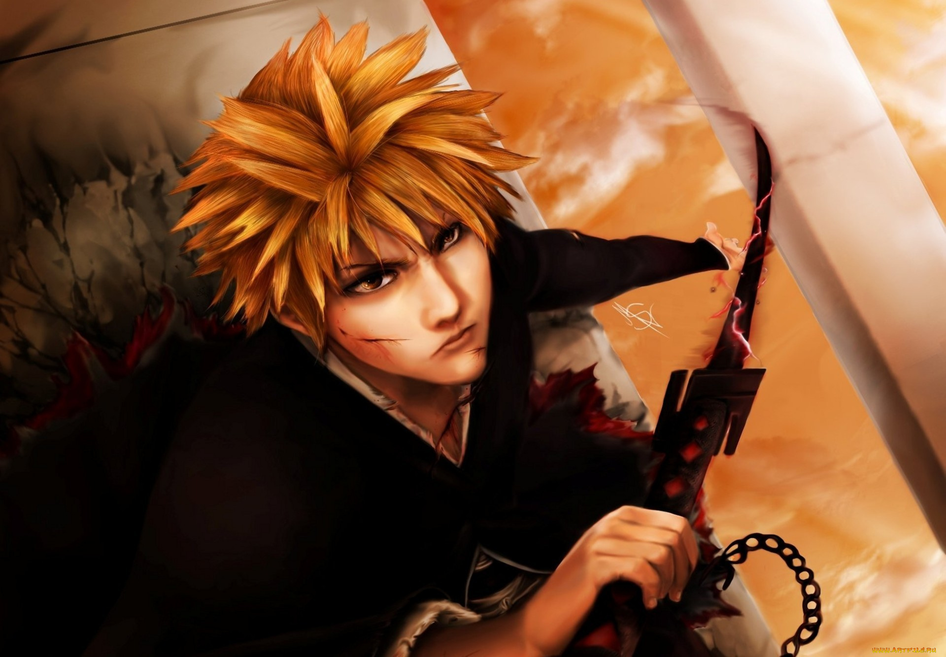 аниме, bleach, рыжий, парень, занпакто, меч, банкай, шинигами, ичиго, арт, блич, куросаки