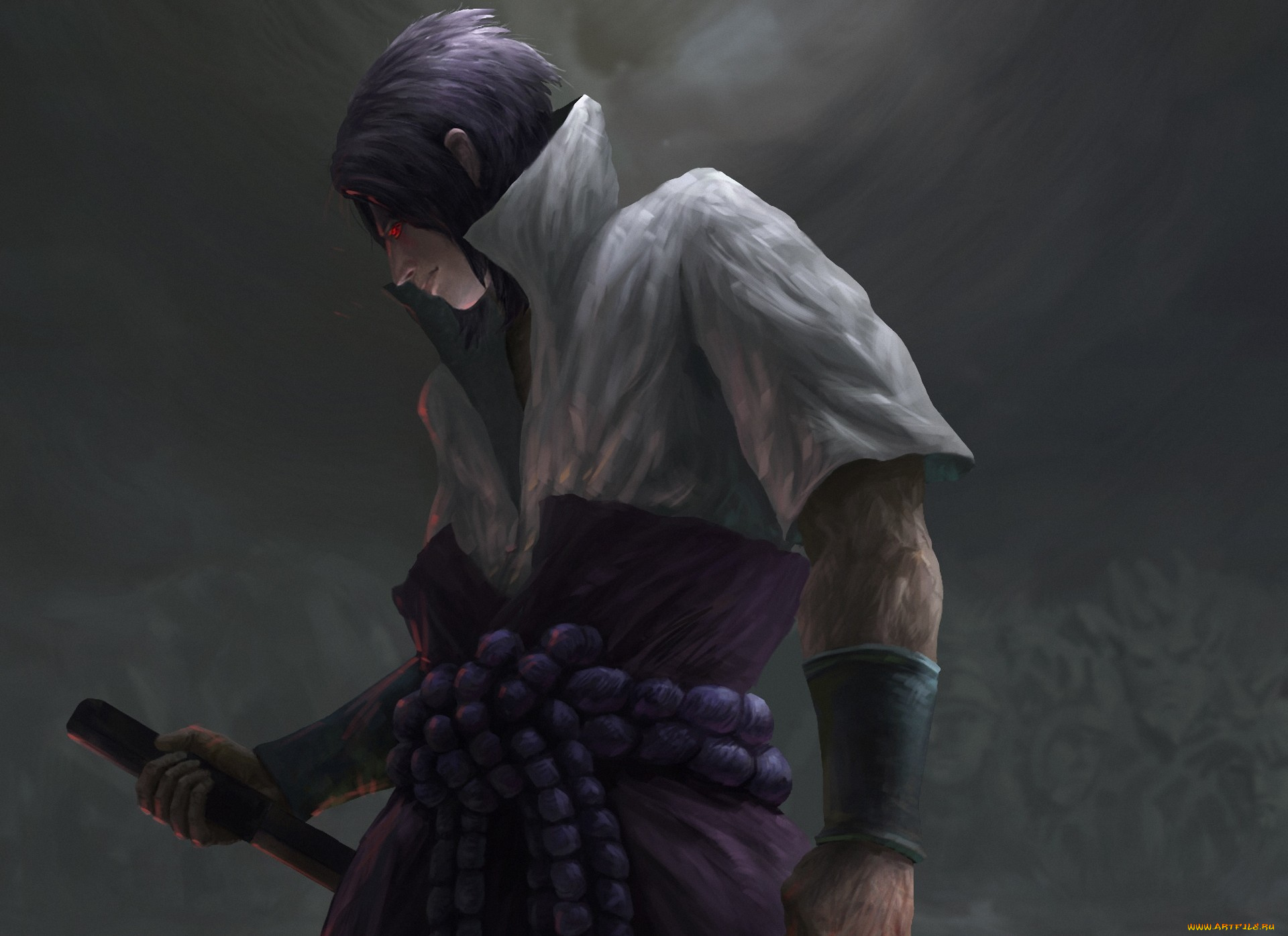 аниме, naruto, саске, арт, верёвка, меч, учиха, ночь