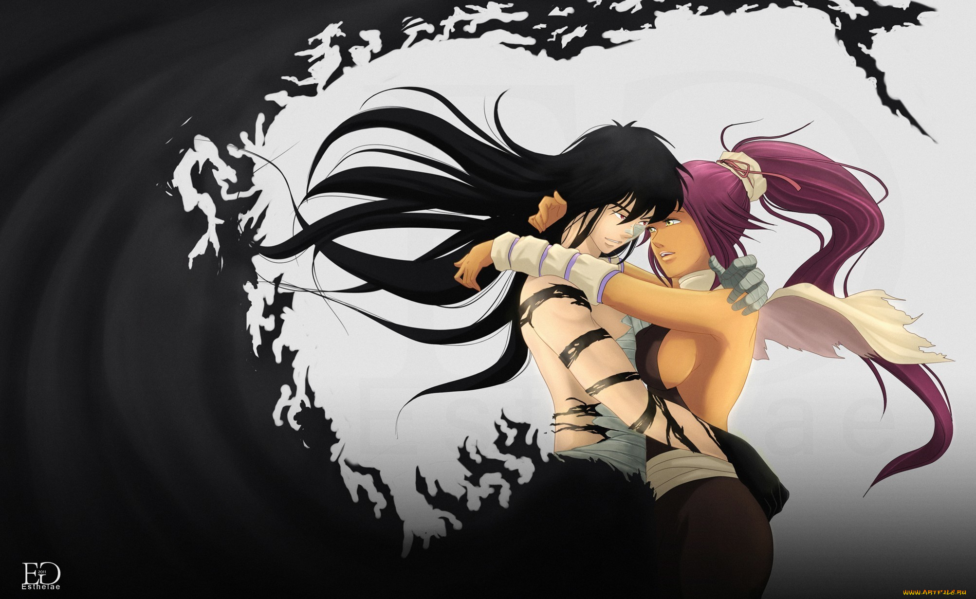 аниме, bleach, ичиго, блич, волосы, бело-чёрный, фон, парень, девушка, объятия, куросаки, ёруичи