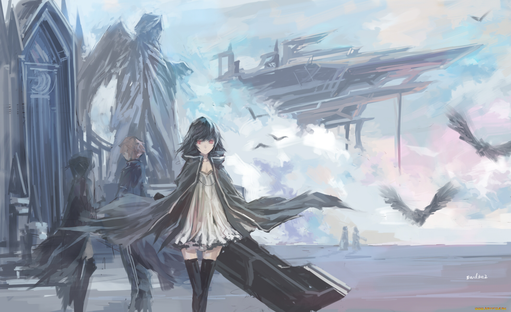 by, swd3e2, аниме, pixiv, fantasia, девушки, парень, небо, облака, статуя, крылья, ангел, птицы, корабли