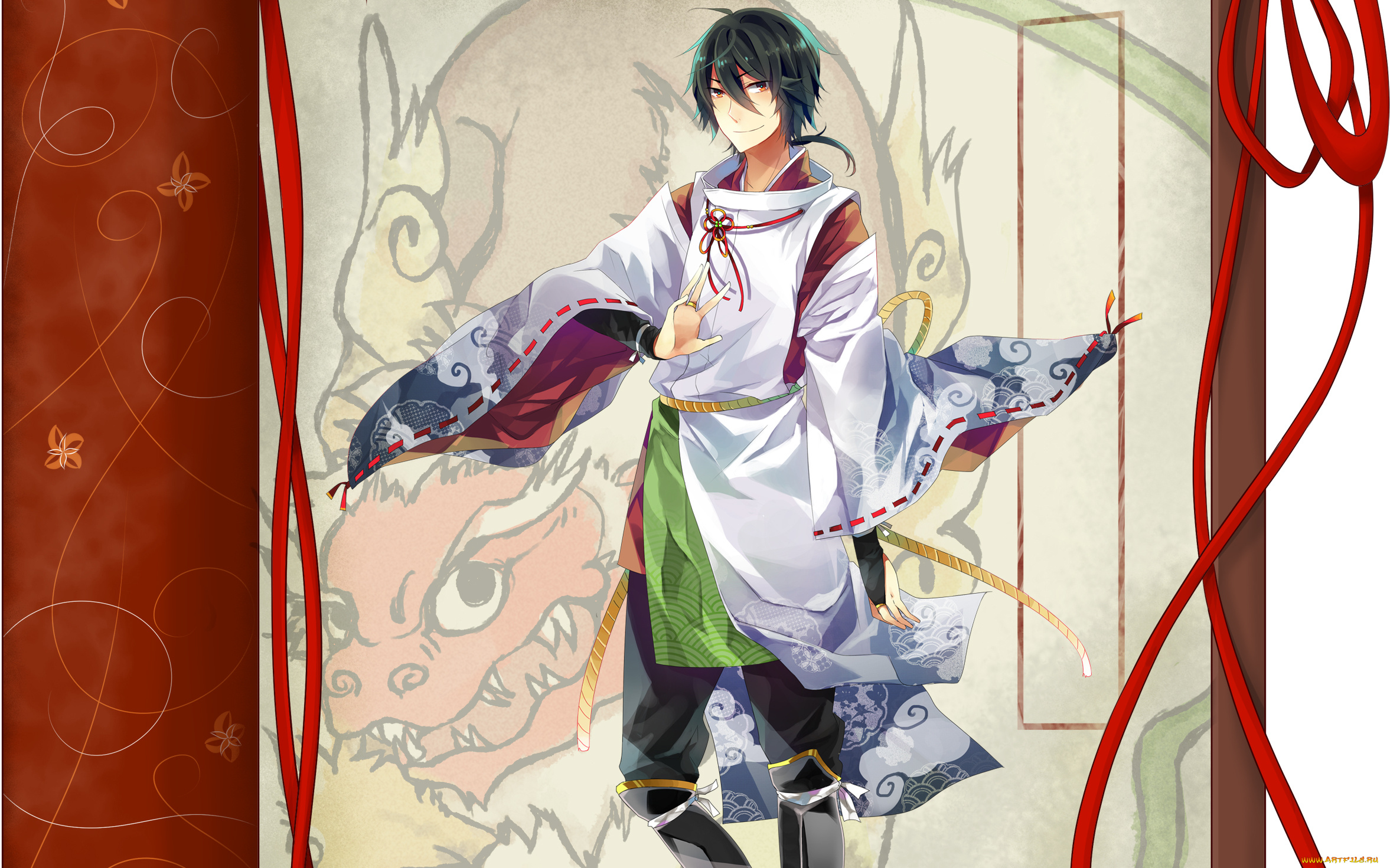 аниме, *unknown, , другое, улыбка, свиток, парень, дракон, ленты, рисунки, взгляд