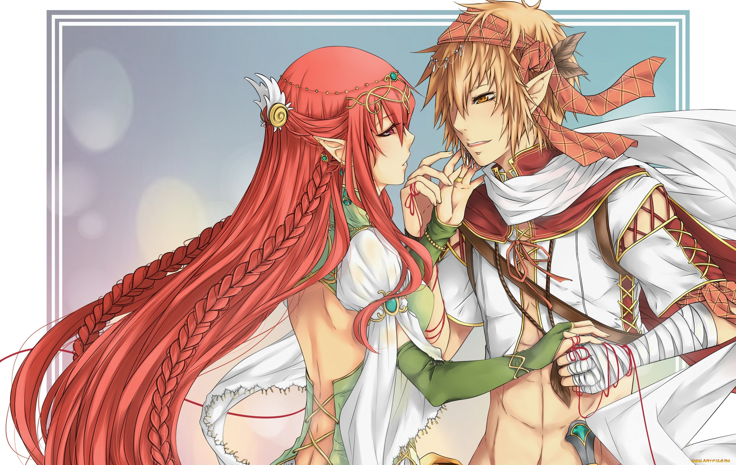 аниме, *unknown, , другое, рамка, одежда, украшения, эльфийка, парень, эльф, косы