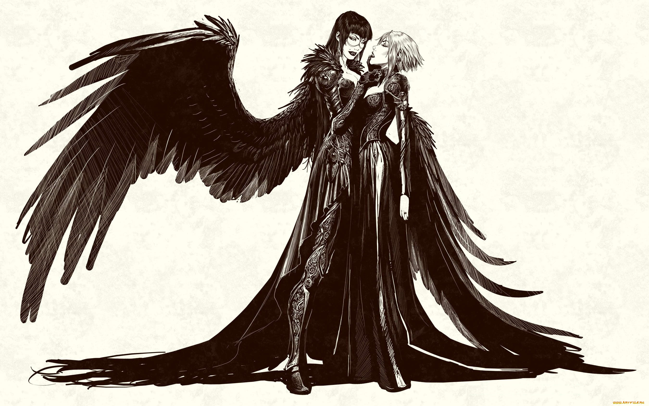 фэнтези, ангелы, взгляд, лицо, крылья, падший, ангел, девушки, фон, рисунок, фантастика