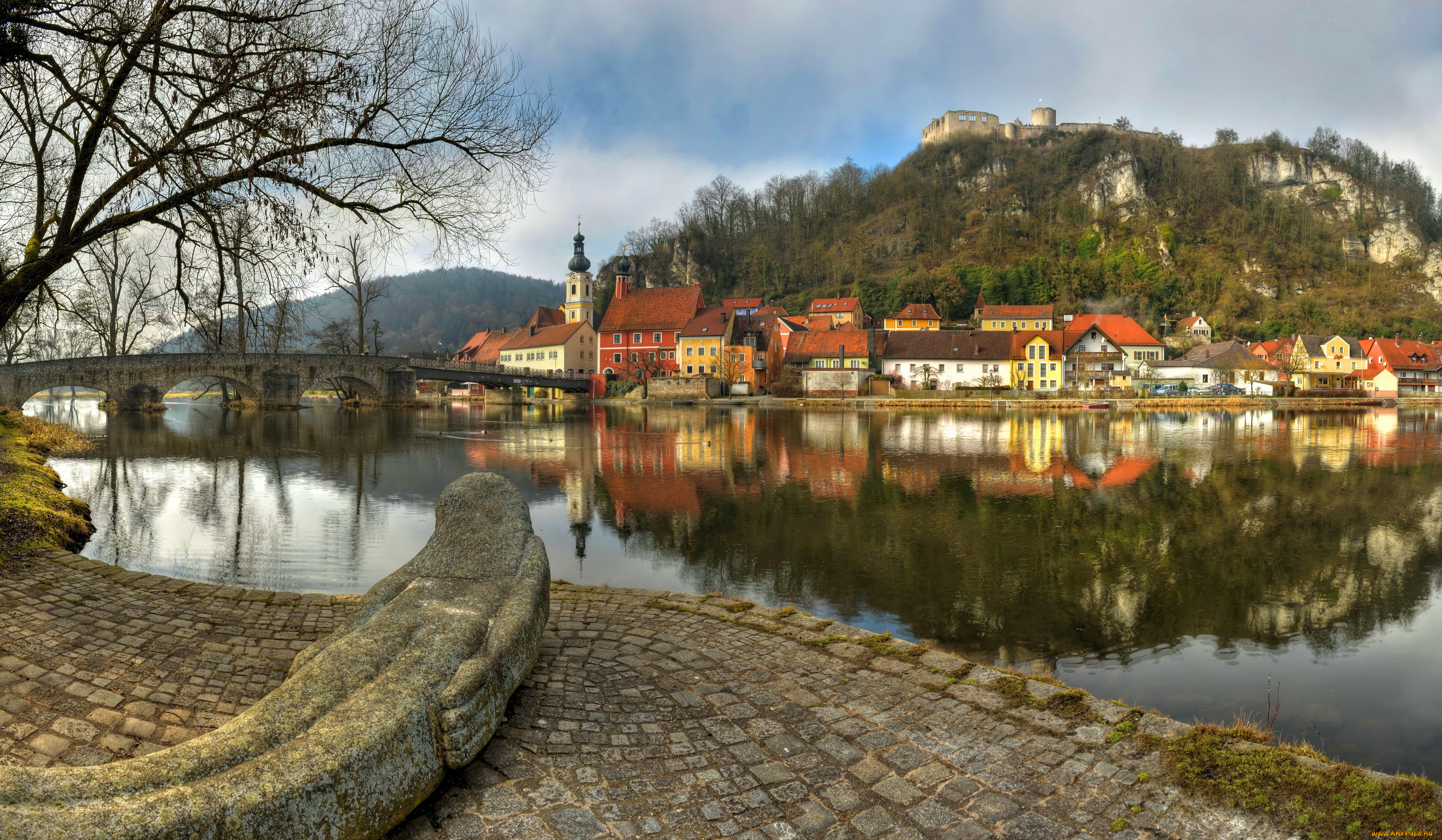 германия, калльмюнц, города, -, улицы, , площади, , набережные, калльмюнц, бавария, германия, мост, дома, пейзаж, замок, река