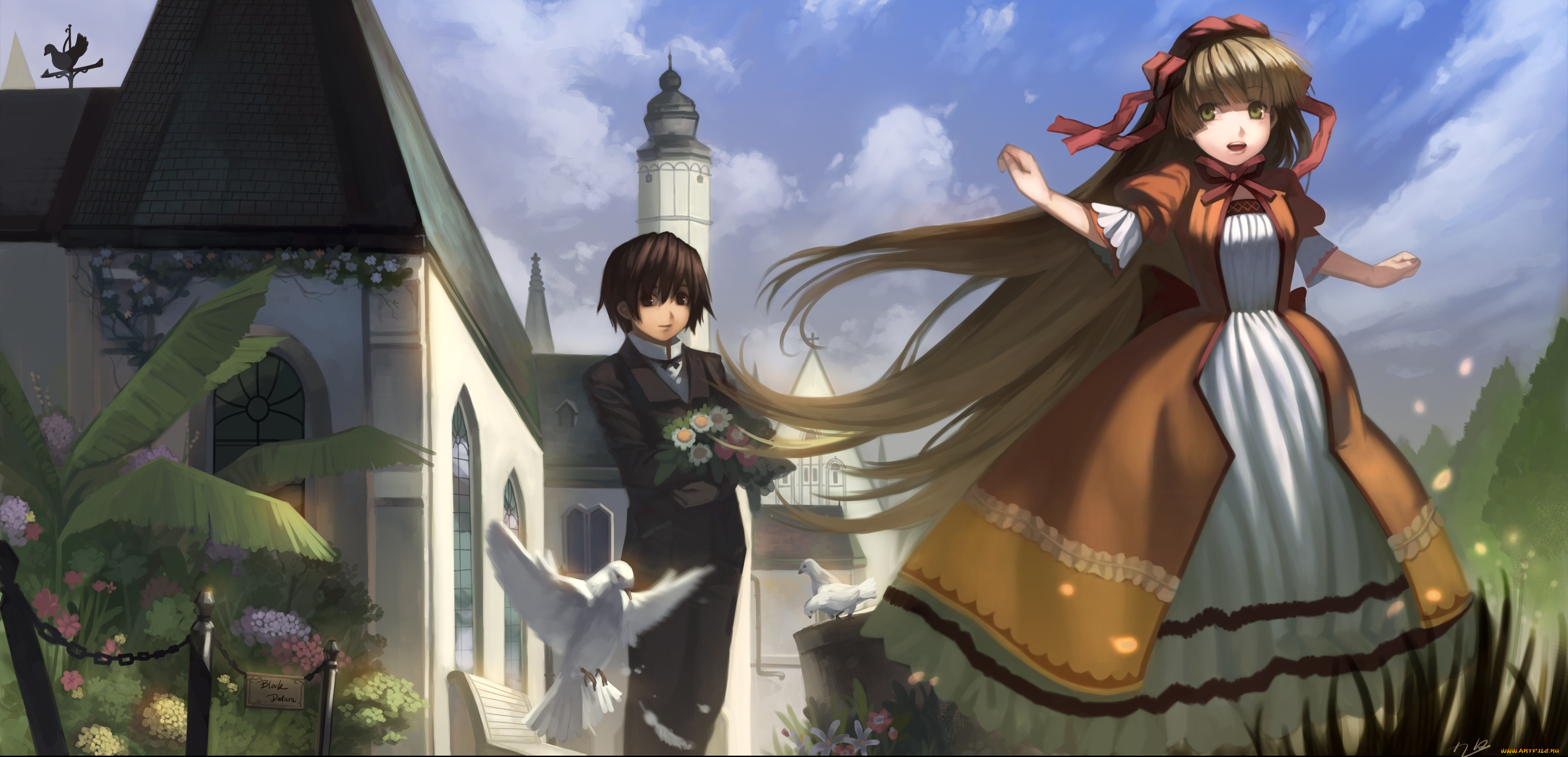 аниме, gosick, облака, парень, девушка, растения, цветы, дом, радость, небо, голуби, птицы