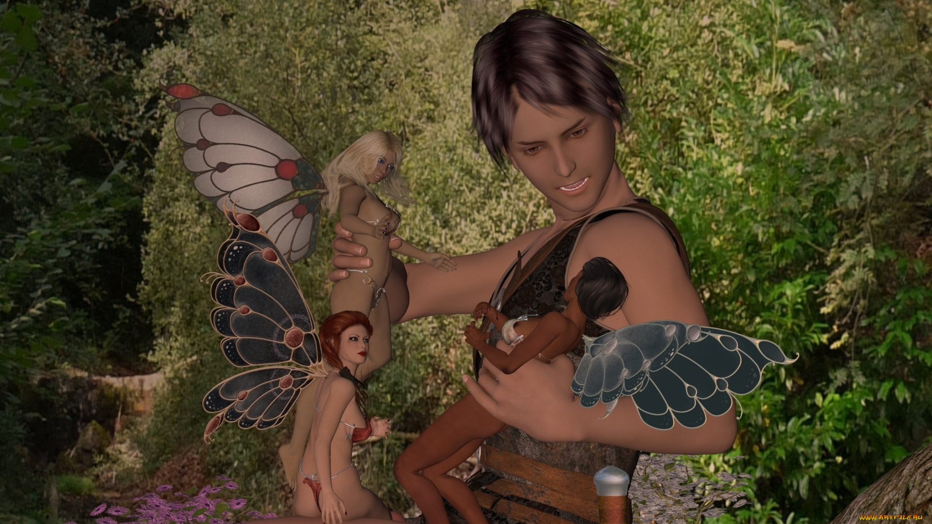 3д, графика, эльфы, , elves, феи, взгляд, фон, лес, парень