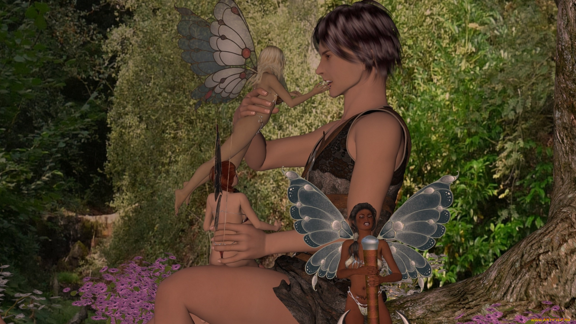 3д, графика, эльфы, , elves, феи, взгляд, фон, лес, парень