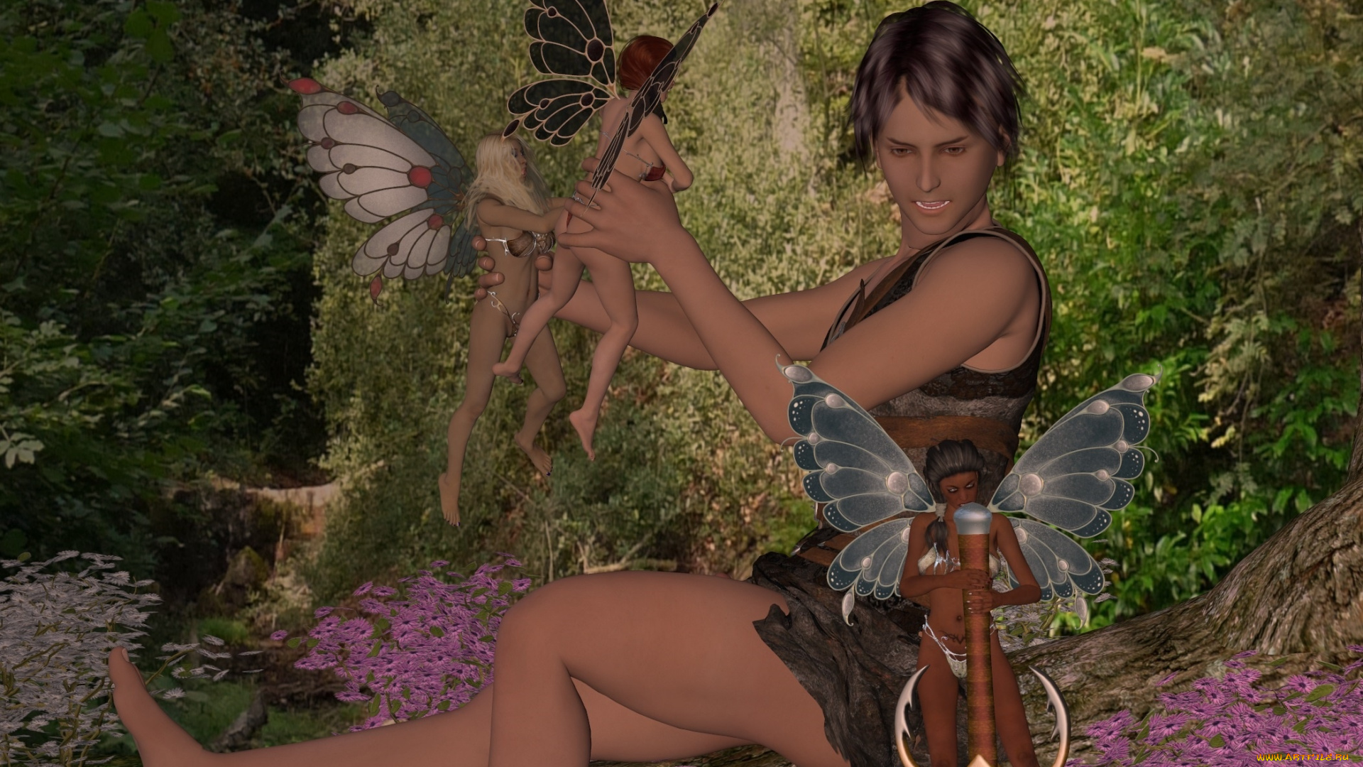 3д, графика, эльфы, , elves, феи, взгляд, фон, лес, парень