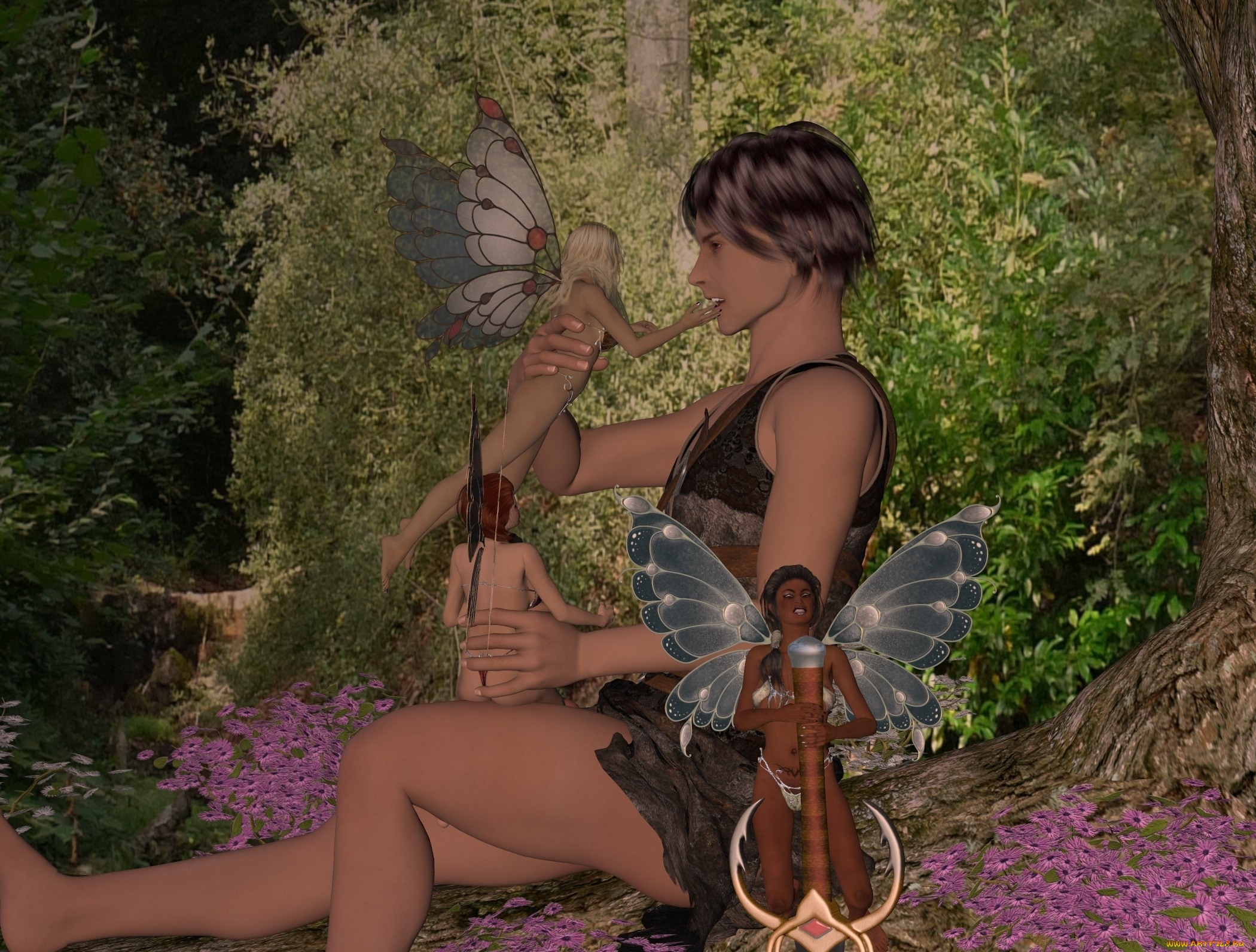 3д, графика, эльфы, , elves, феи, взгляд, фон, лес, парень