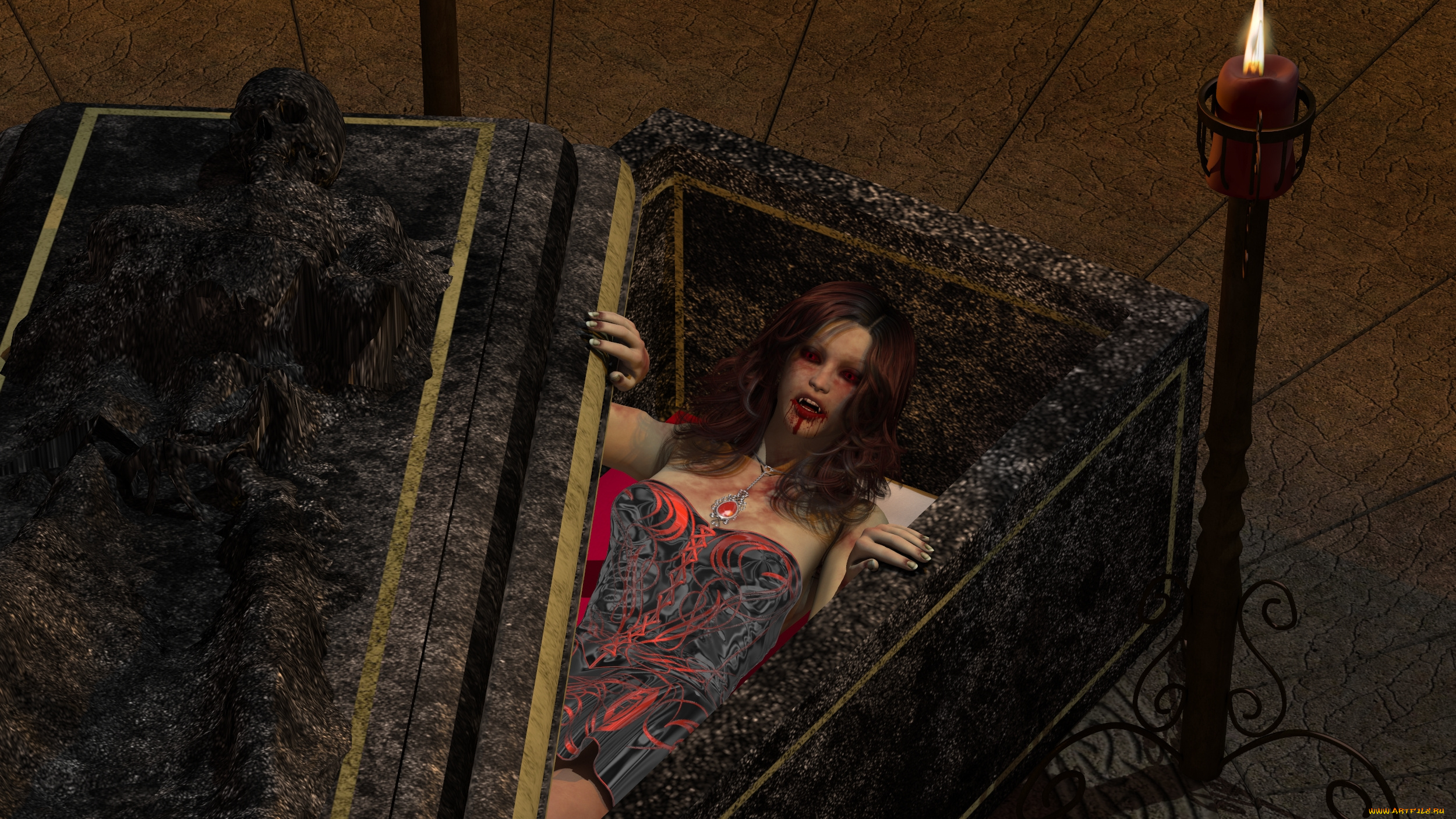 3д, графика, существа, , creatures, девушка, взгляд, фон, вампир, кровь