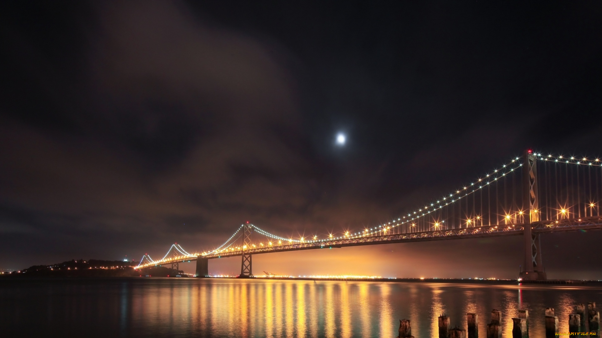 города, -, мосты, мост, вечер, огоньки