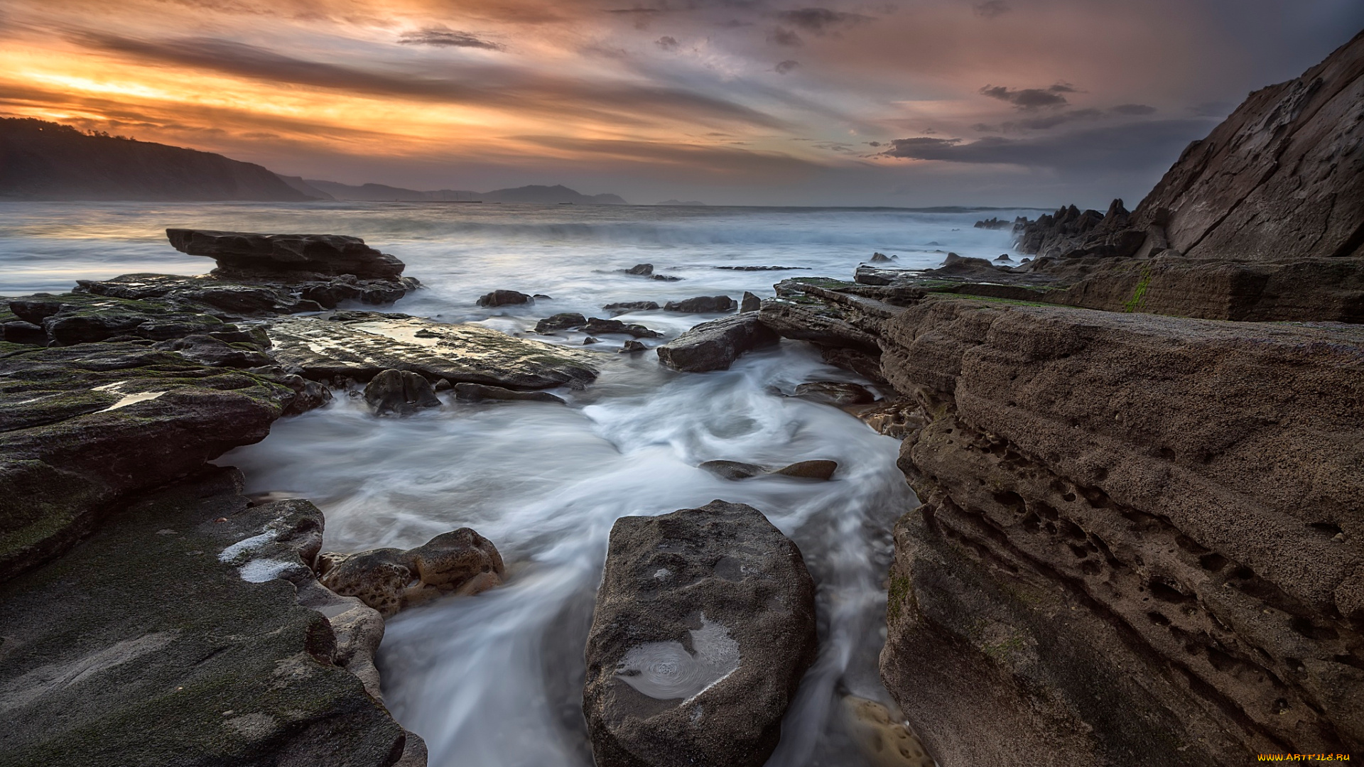 природа, побережье, море, бильбао, испания, playa, de, azkorri, скалы, пляж, выдержка