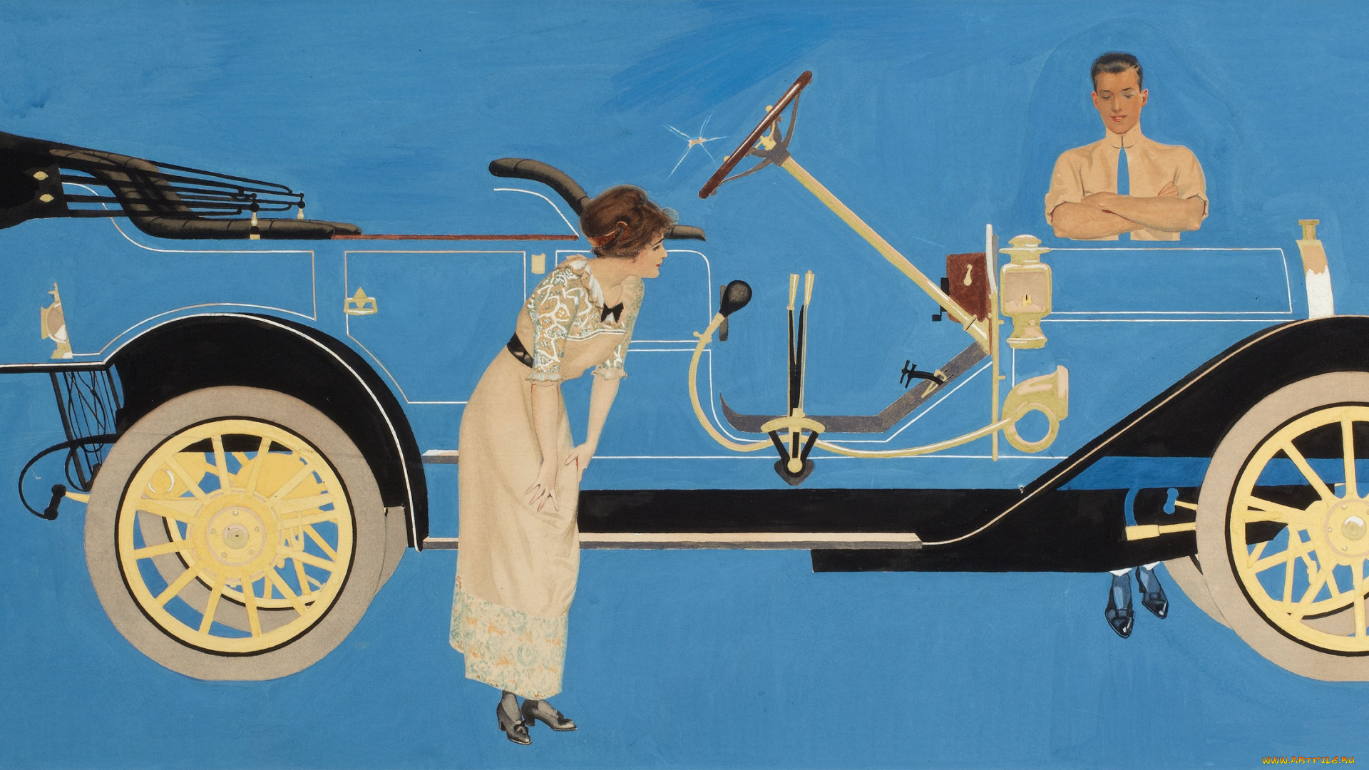 рисованное, авто, мото, автомобиль, ретро, дама, мужчина