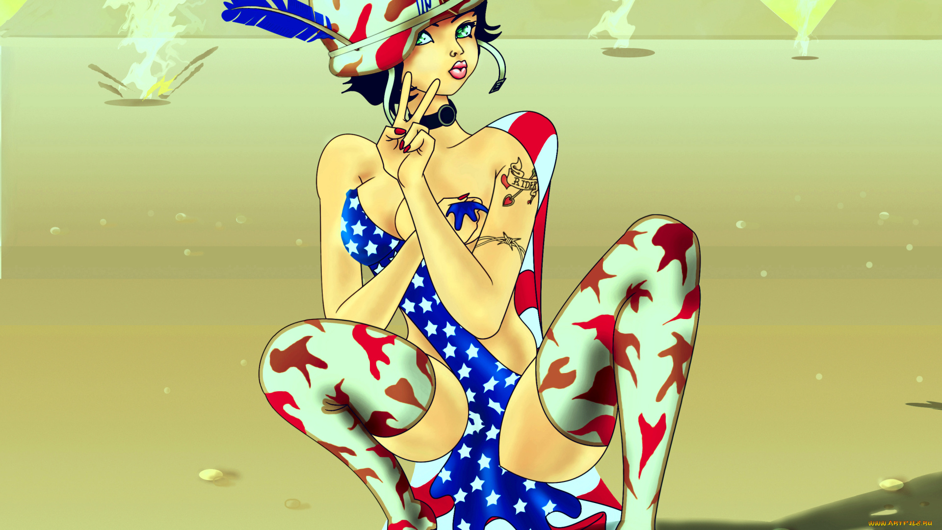 рисованное, комиксы, девушка, фон, взгляд, каска, флаг